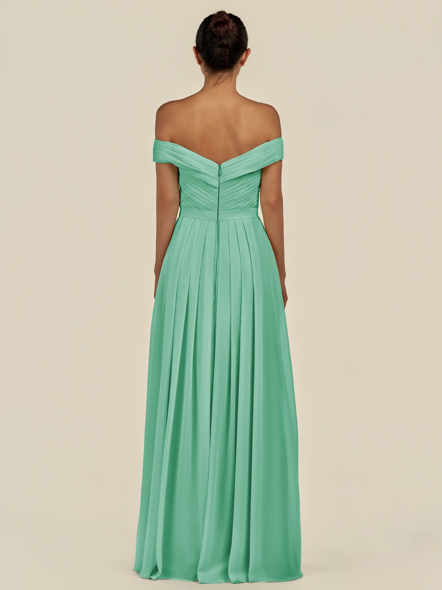 KissDress-Lurina Turquoise A Line Chiffon Off the Shoulder Pleated Long Bridesmaid Dress with Slit