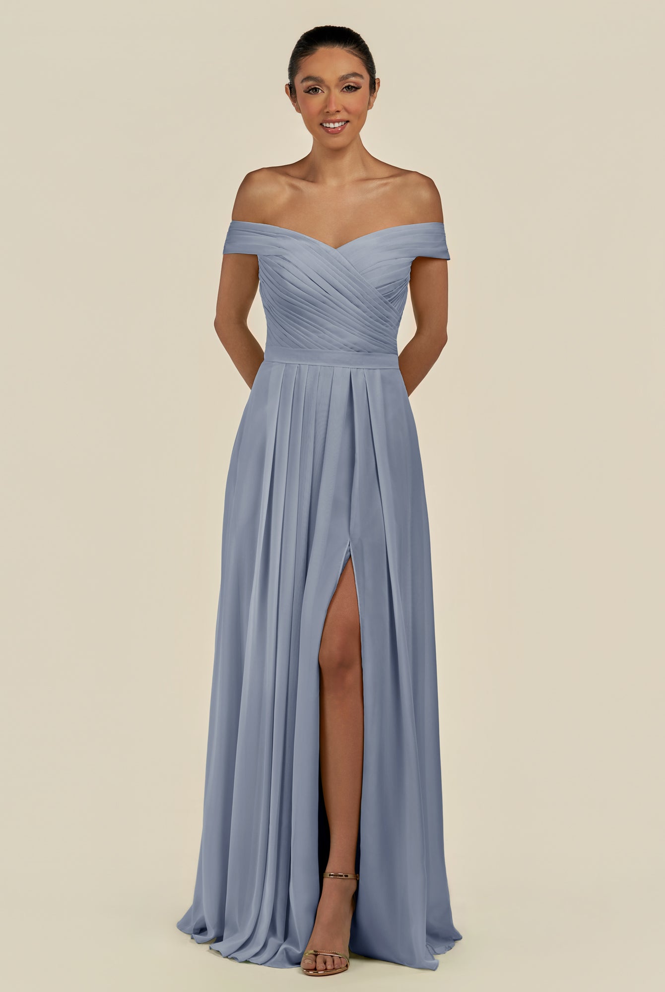KissDress-Lurina Twilight A Line Chiffon Off the Shoulder Pleated Long Bridesmaid Dress with Slit