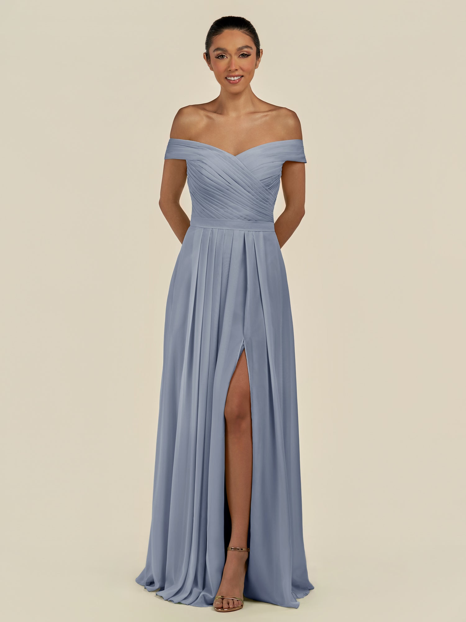 KissDress-Lurina Twilight A Line Chiffon Off the Shoulder Pleated Long Bridesmaid Dress with Slit