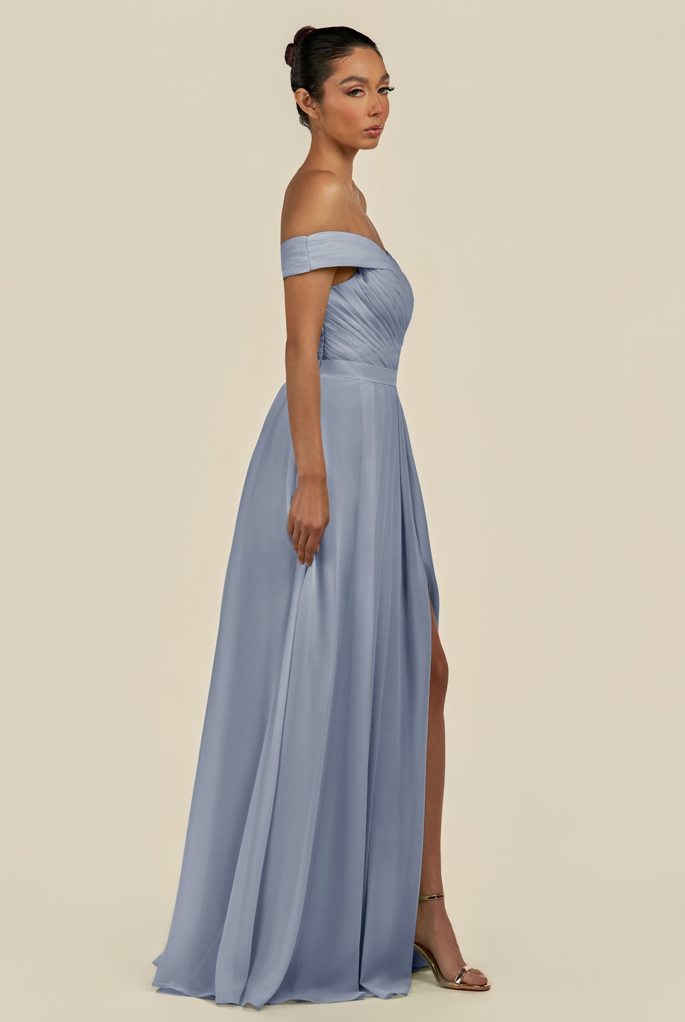 KissDress-Lurina Twilight A Line Chiffon Off the Shoulder Pleated Long Bridesmaid Dress with Slit