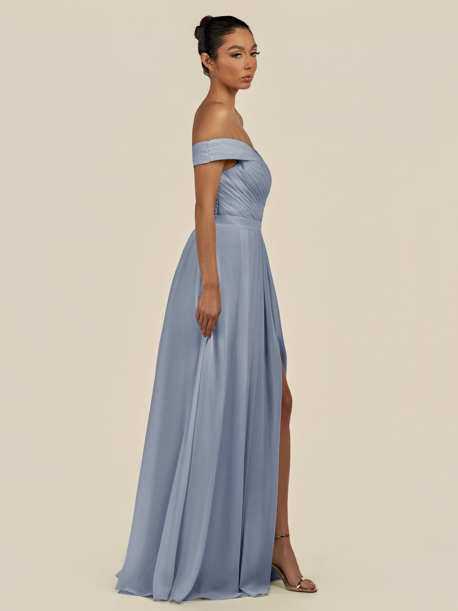 KissDress-Lurina Twilight A Line Chiffon Off the Shoulder Pleated Long Bridesmaid Dress with Slit