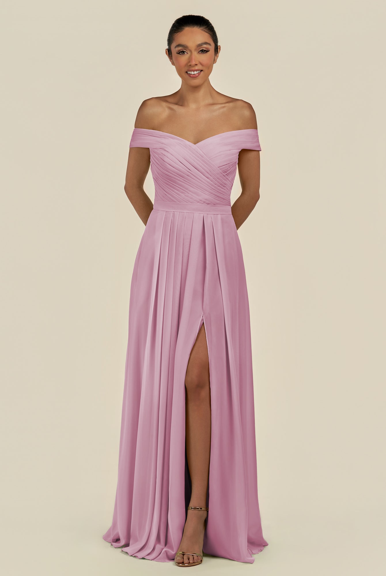 KissDress-Lurina Vintage Mauve A Line Chiffon Off the Shoulder Pleated Long Bridesmaid Dress with Slit