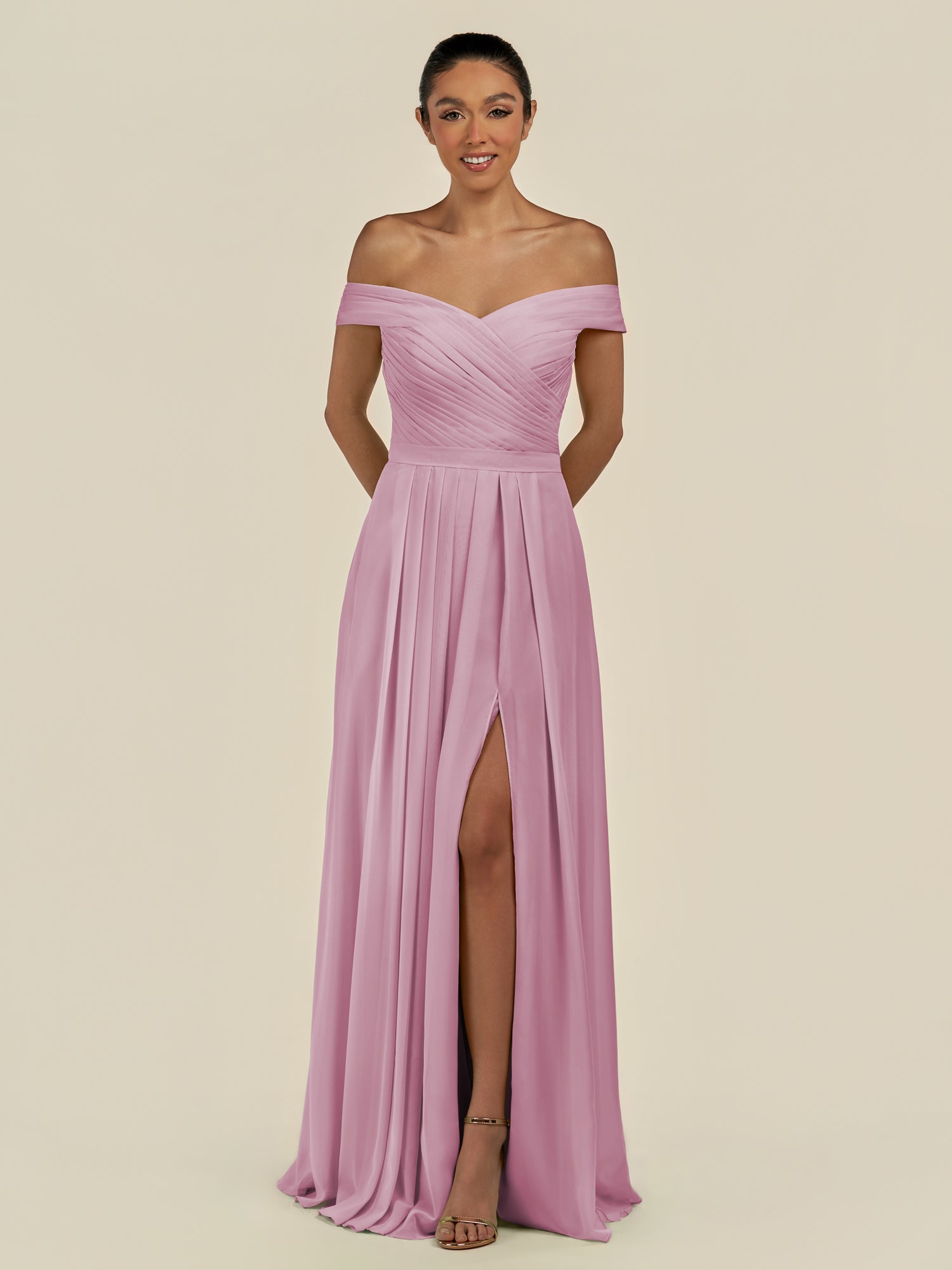 KissDress-Lurina Vintage Mauve A Line Chiffon Off the Shoulder Pleated Long Bridesmaid Dress with Slit