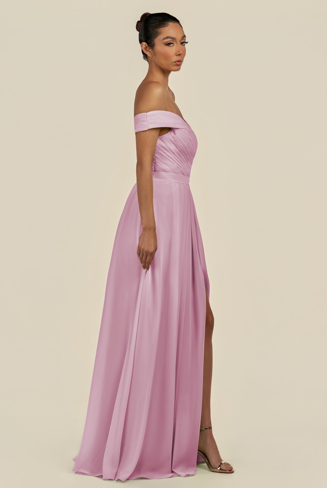 KissDress-Lurina Vintage Mauve A Line Chiffon Off the Shoulder Pleated Long Bridesmaid Dress with Slit
