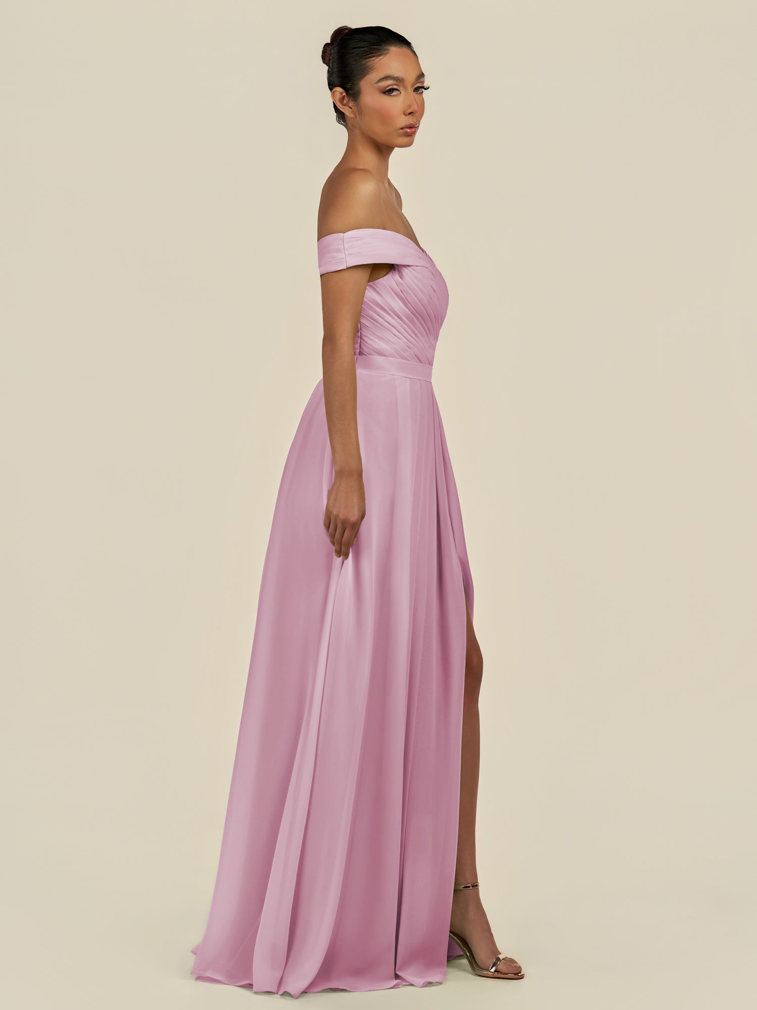 KissDress-Lurina Vintage Mauve A Line Chiffon Off the Shoulder Pleated Long Bridesmaid Dress with Slit