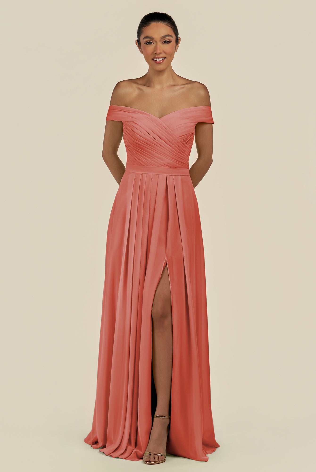 KissDress-Lurina Wild Rose A Line Chiffon Off the Shoulder Pleated Long Bridesmaid Dress with Slit