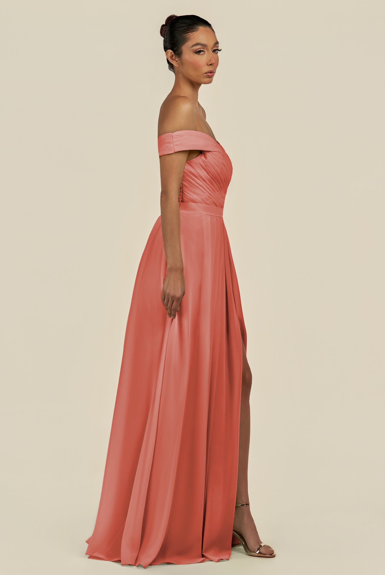 KissDress-Lurina Wild Rose A Line Chiffon Off the Shoulder Pleated Long Bridesmaid Dress with Slit