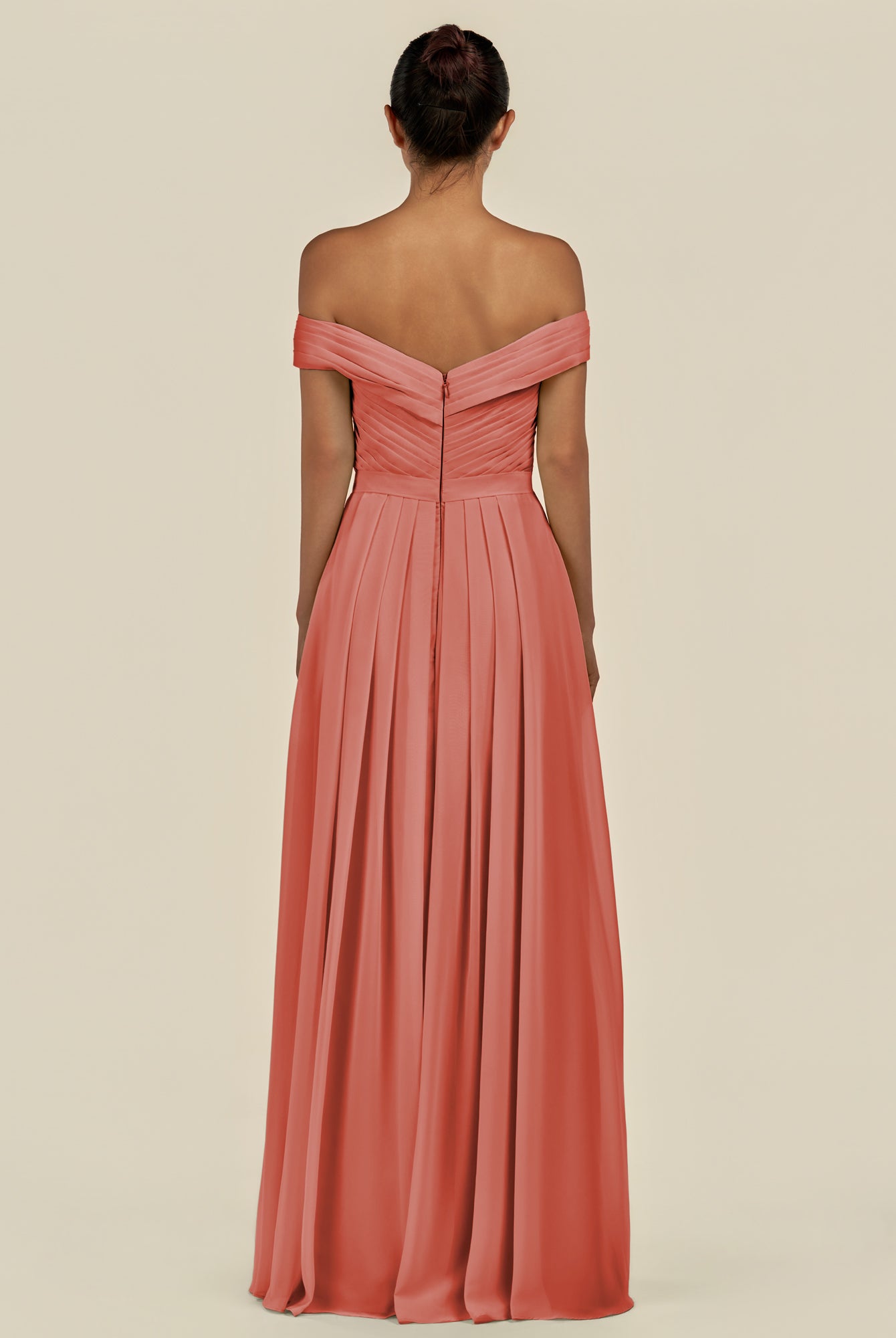 KissDress-Lurina Wild Rose A Line Chiffon Off the Shoulder Pleated Long Bridesmaid Dress with Slit