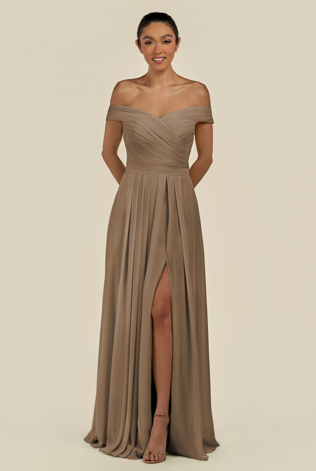 KissDress-Lurina Willow Green A Line Chiffon Off the Shoulder Pleated Long Bridesmaid Dress with Slit