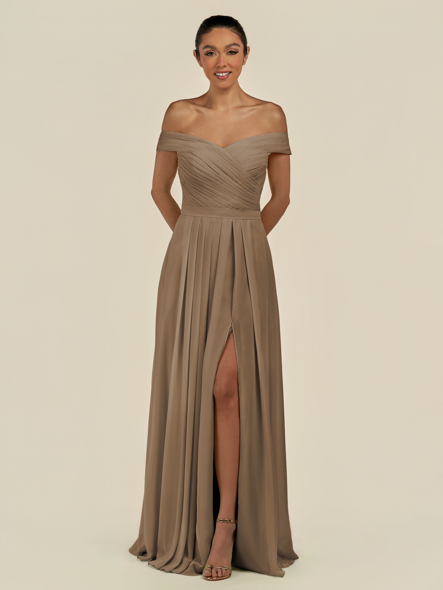 KissDress-Lurina Willow Green A Line Chiffon Off the Shoulder Pleated Long Bridesmaid Dress with Slit