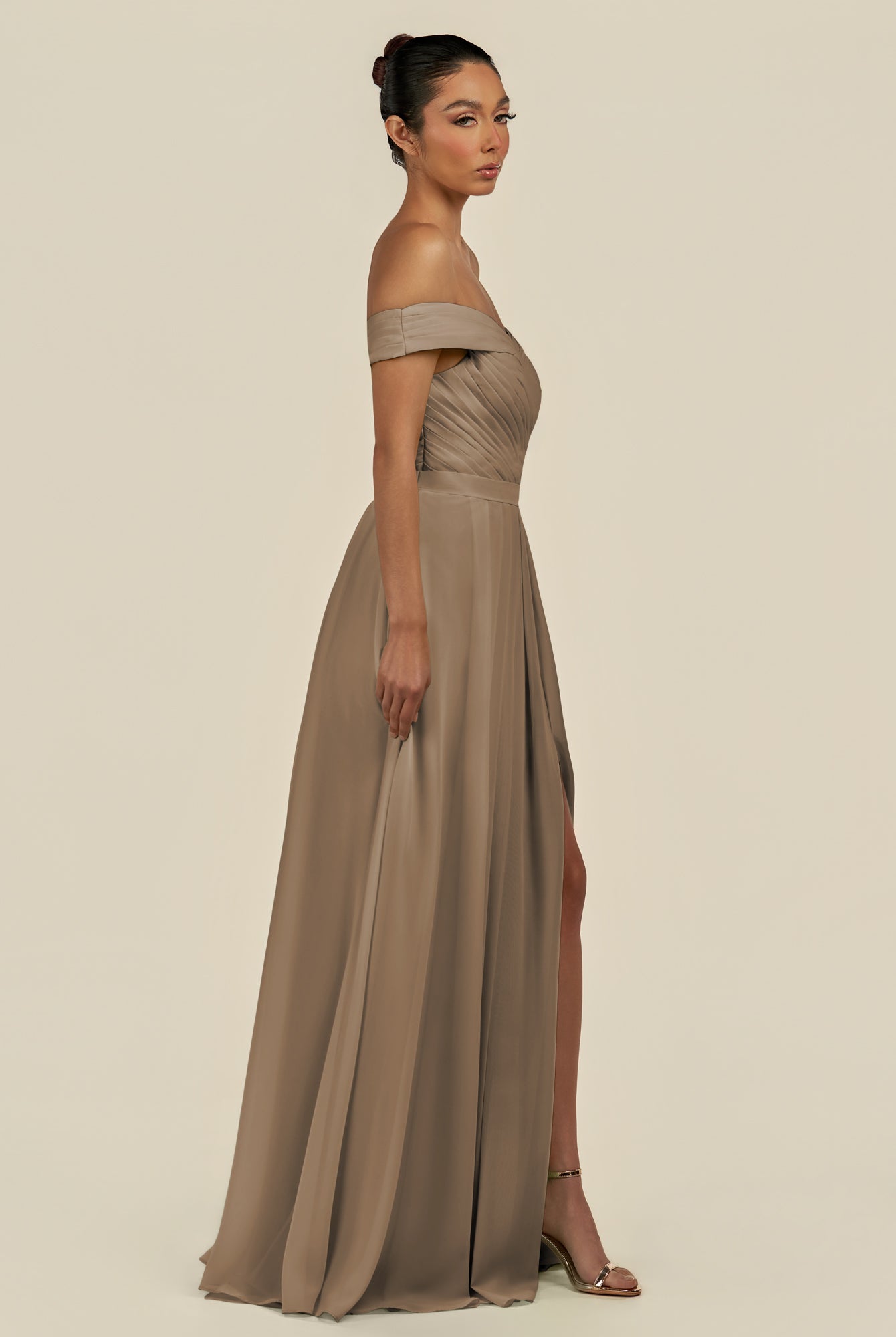 KissDress-Lurina Willow Green A Line Chiffon Off the Shoulder Pleated Long Bridesmaid Dress with Slit