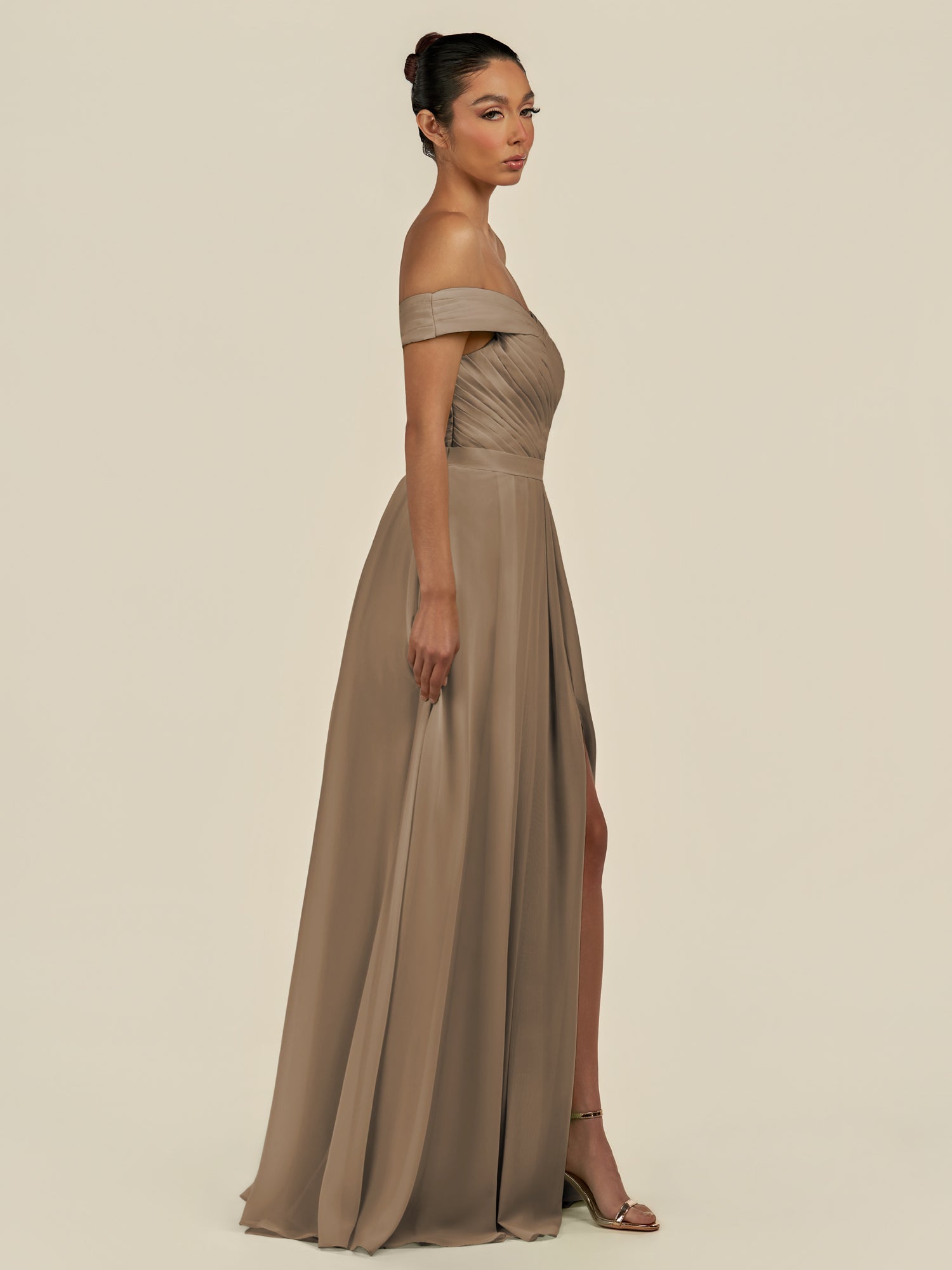 KissDress-Lurina Willow Green A Line Chiffon Off the Shoulder Pleated Long Bridesmaid Dress with Slit