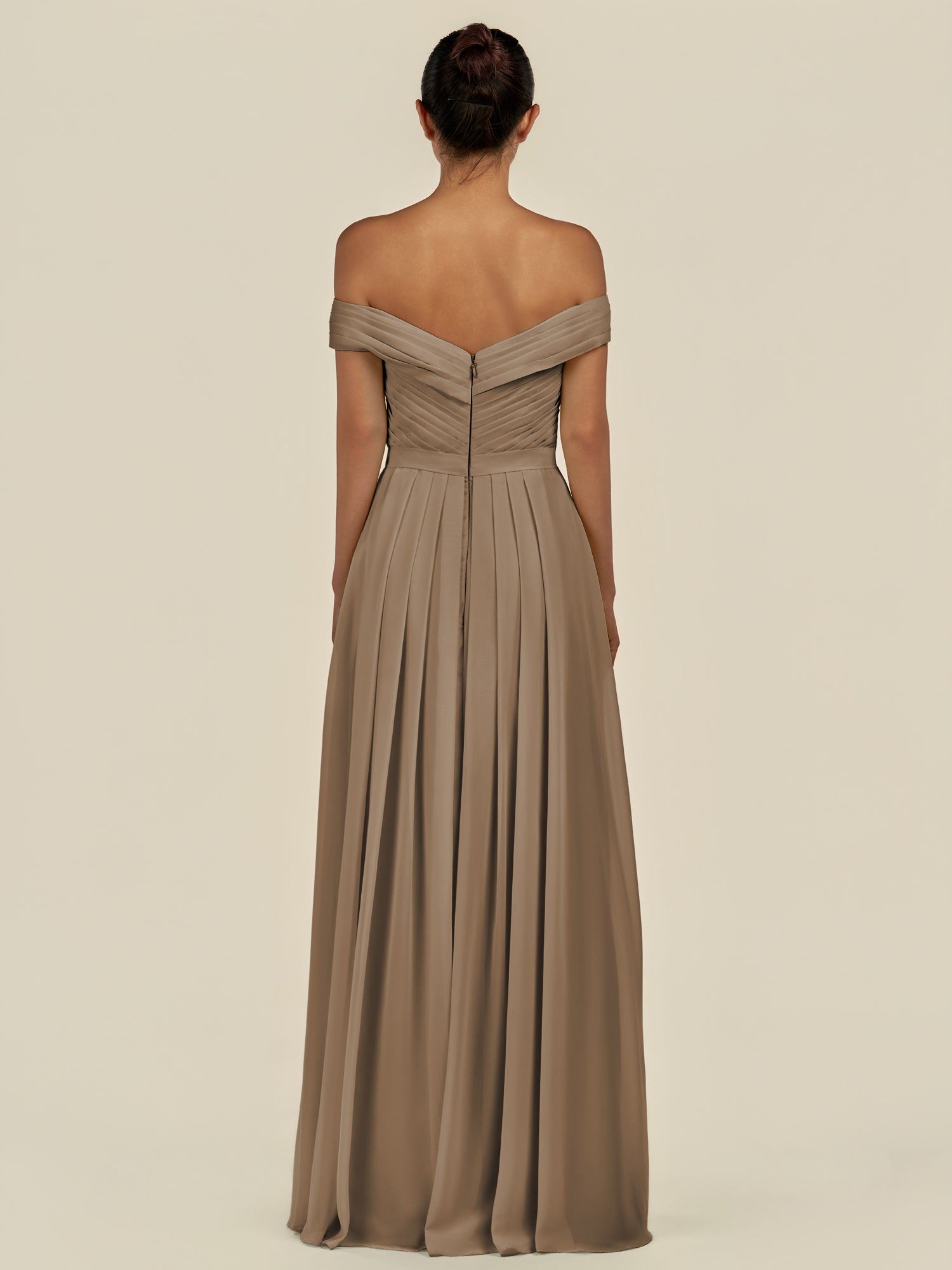KissDress-Lurina Willow Green A Line Chiffon Off the Shoulder Pleated Long Bridesmaid Dress with Slit