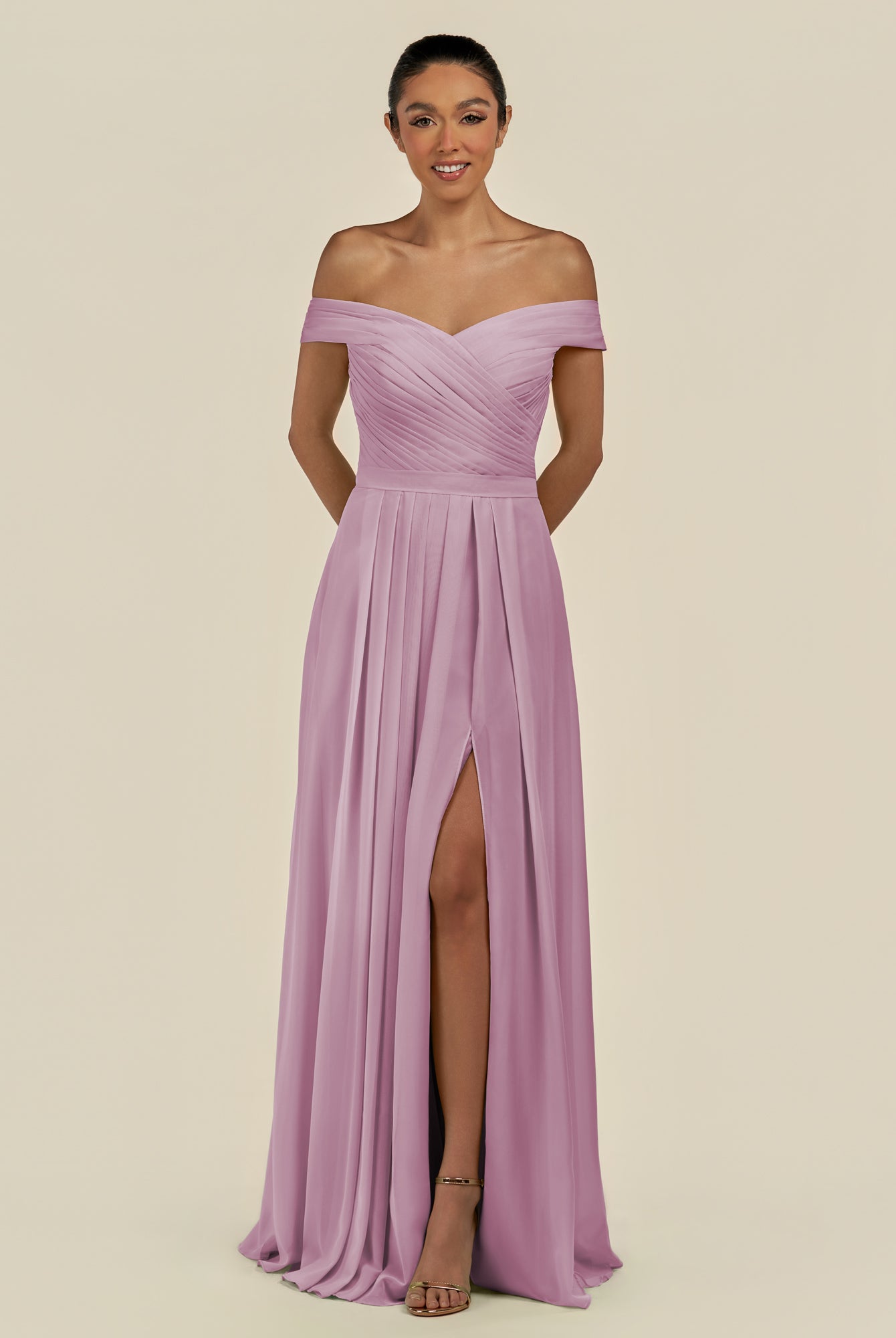 KissDress-Lurina Wisteria A Line Chiffon Off the Shoulder Pleated Long Bridesmaid Dress with Slit