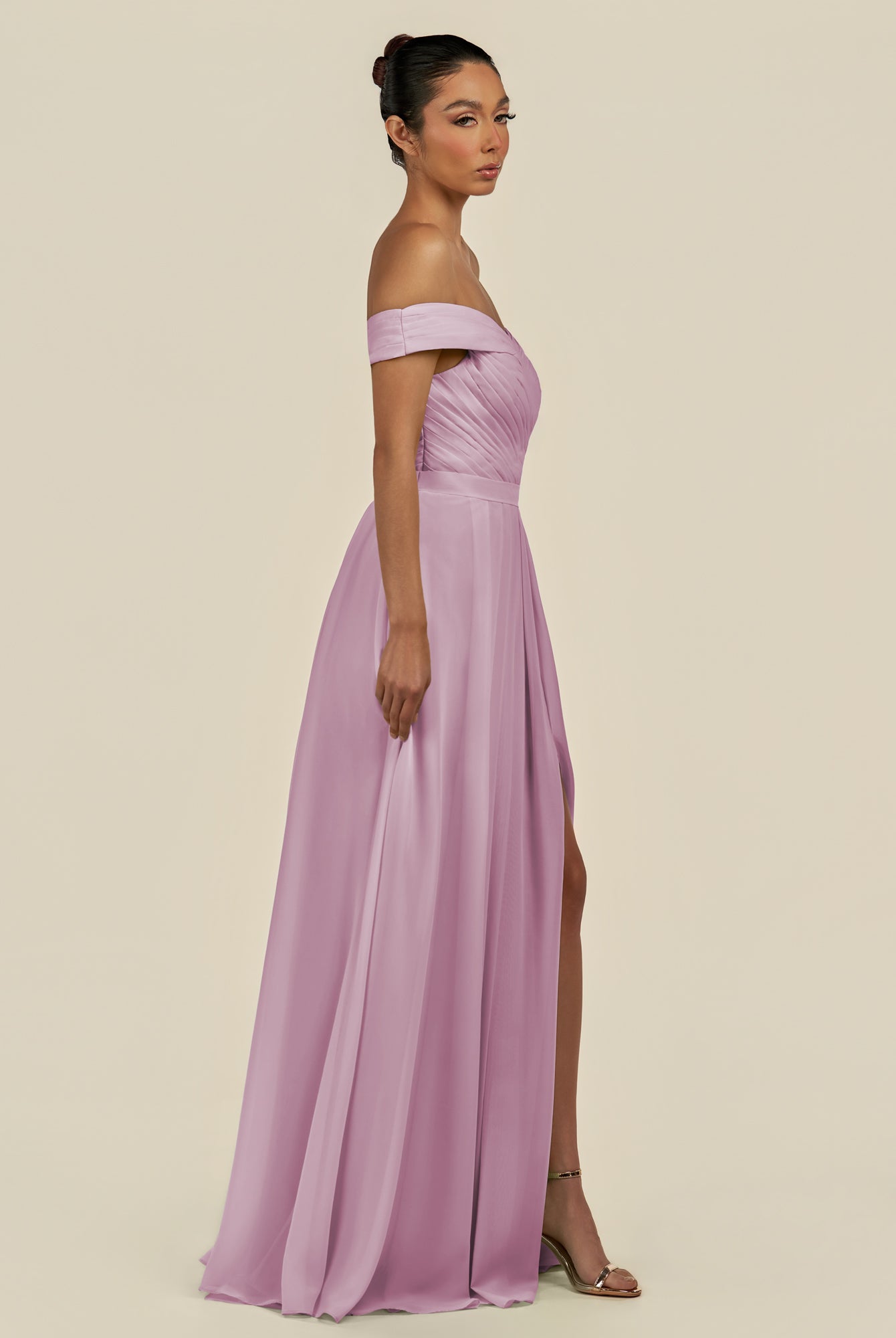 KissDress-Lurina Wisteria A Line Chiffon Off the Shoulder Pleated Long Bridesmaid Dress with Slit