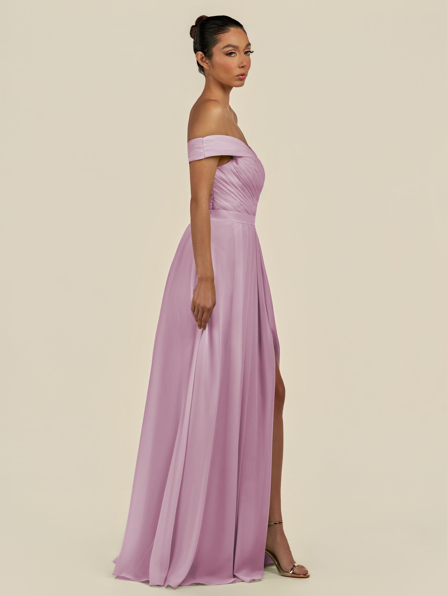 KissDress-Lurina Wisteria A Line Chiffon Off the Shoulder Pleated Long Bridesmaid Dress with Slit