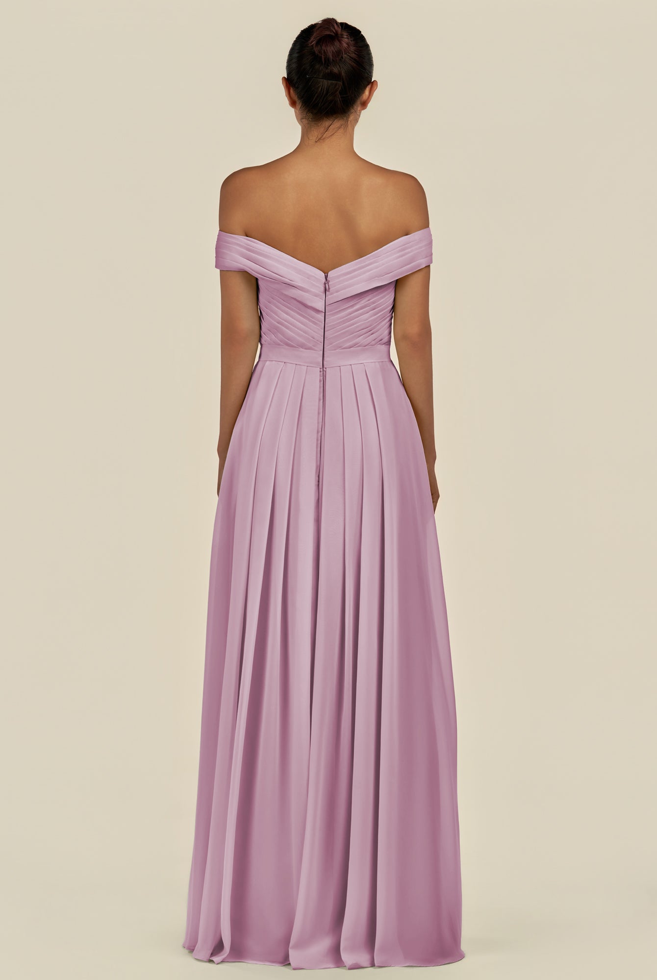 KissDress-Lurina Wisteria A Line Chiffon Off the Shoulder Pleated Long Bridesmaid Dress with Slit