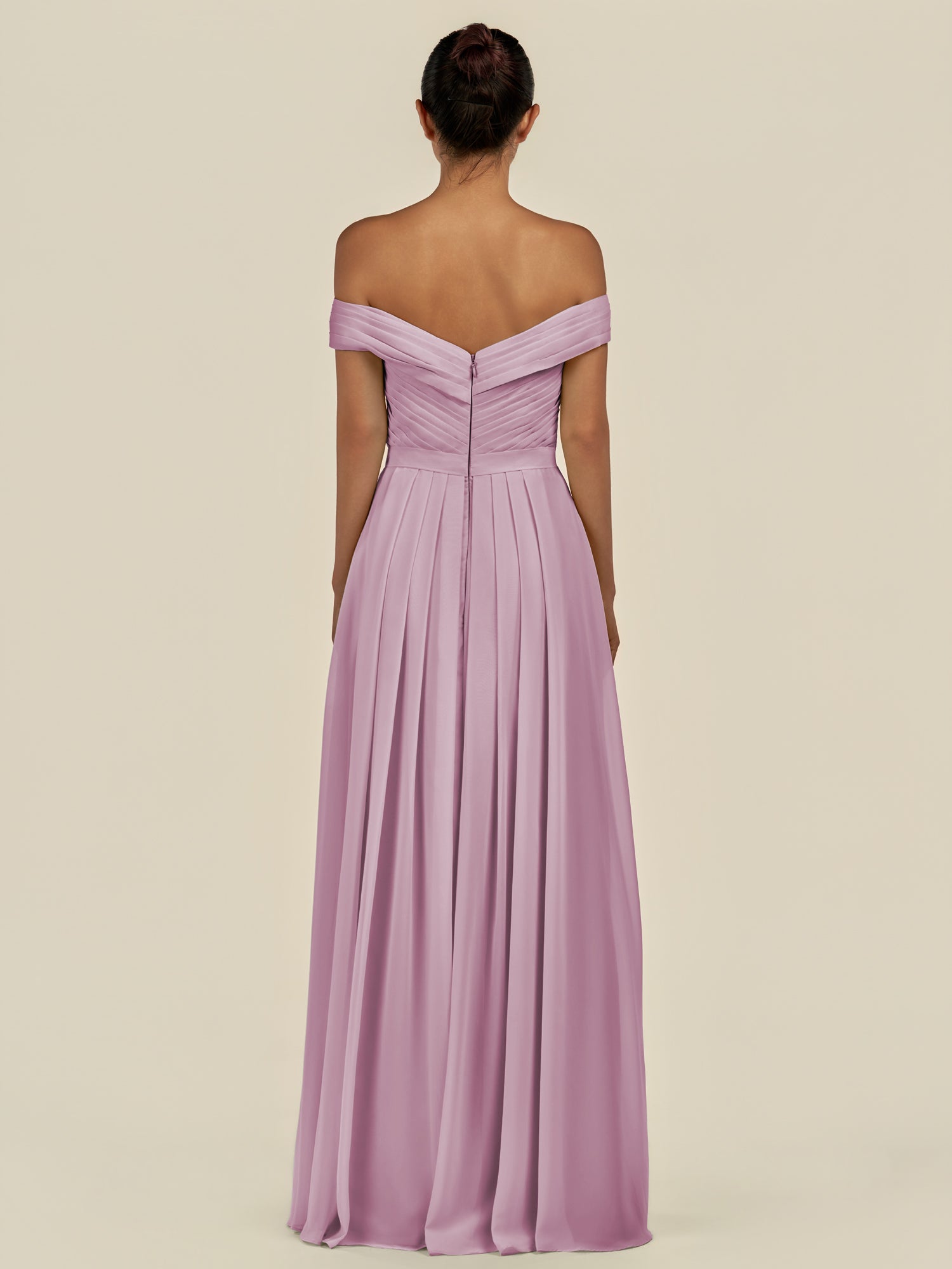 KissDress-Lurina Wisteria A Line Chiffon Off the Shoulder Pleated Long Bridesmaid Dress with Slit