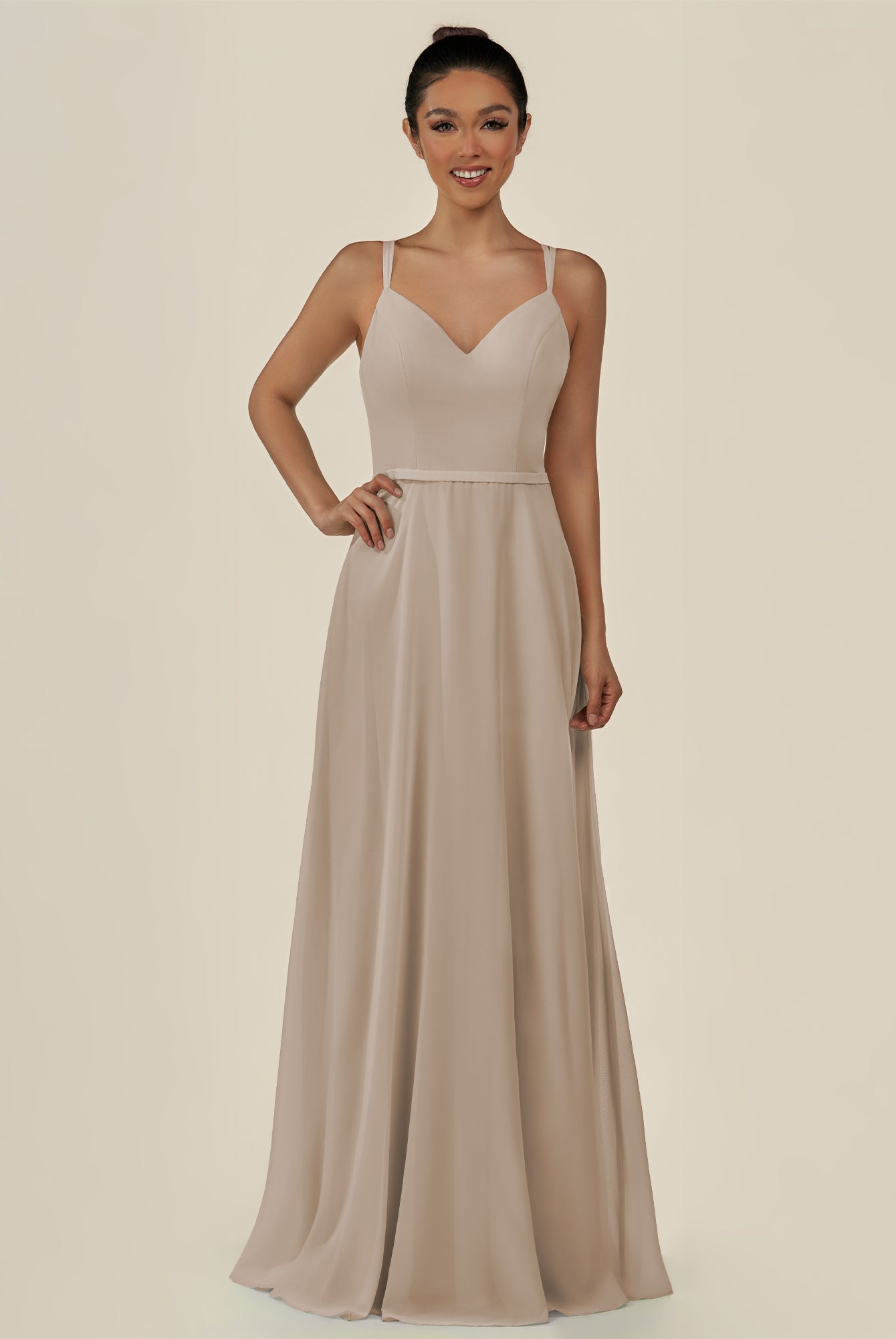 KissDress-Lurne Almond A Line Chiffon V Neck Long Bridesmaid Dress with Cinched Waistline