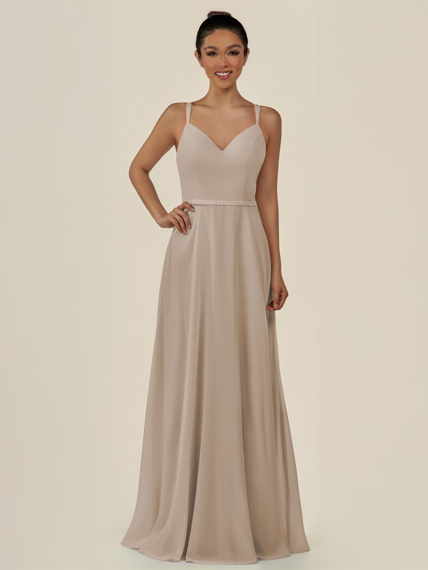 KissDress-Lurne Almond A Line Chiffon V Neck Long Bridesmaid Dress with Cinched Waistline