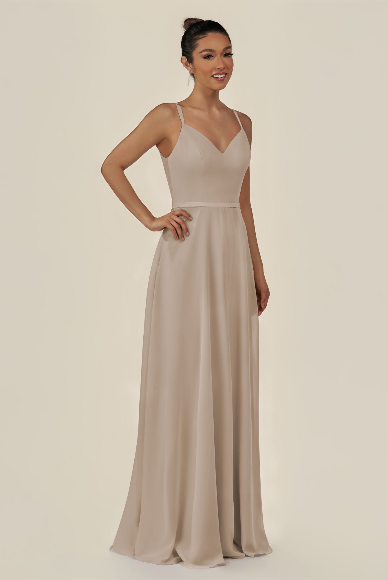 KissDress-Lurne Almond A Line Chiffon V Neck Long Bridesmaid Dress with Cinched Waistline