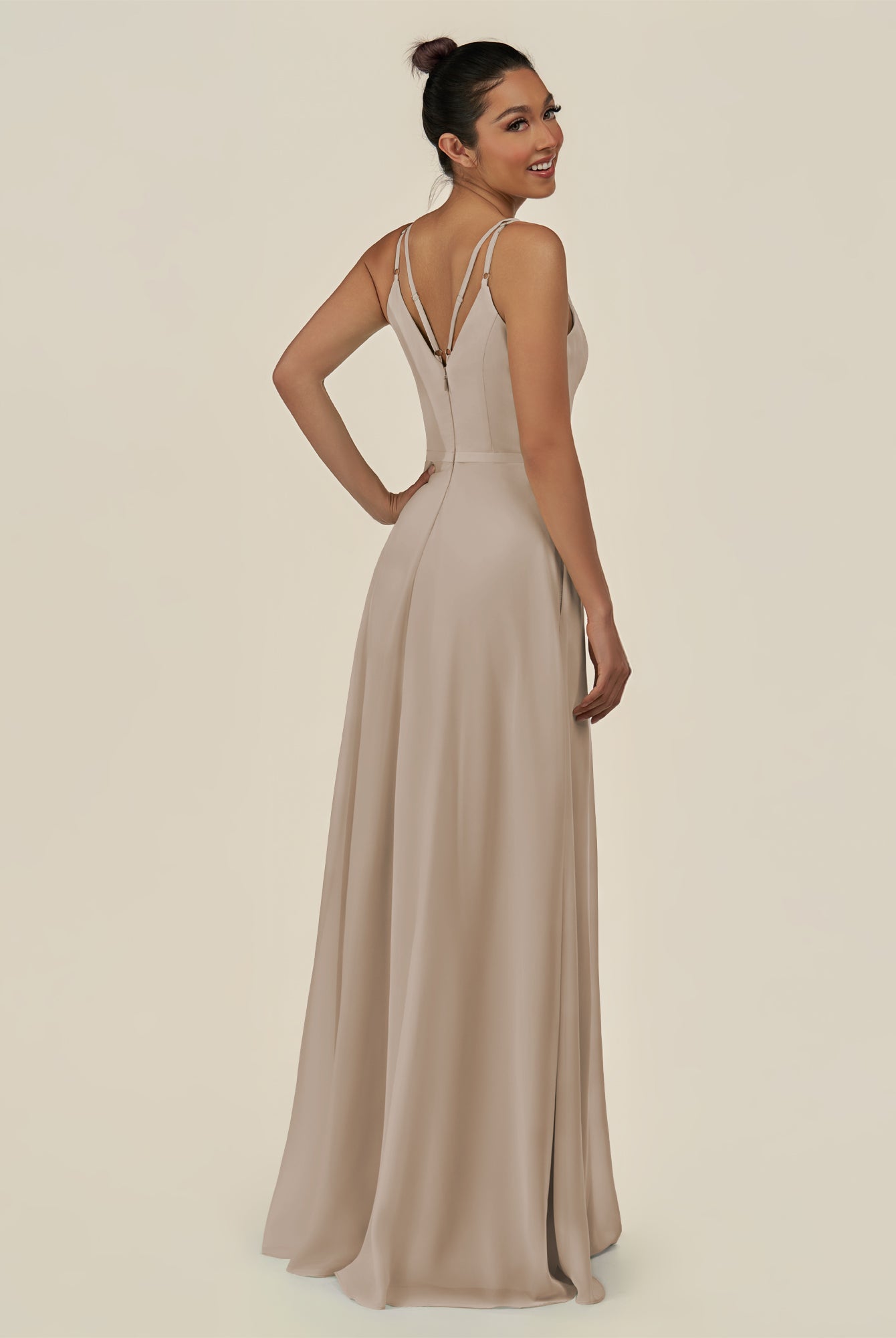 KissDress-Lurne Almond A Line Chiffon V Neck Long Bridesmaid Dress with Cinched Waistline