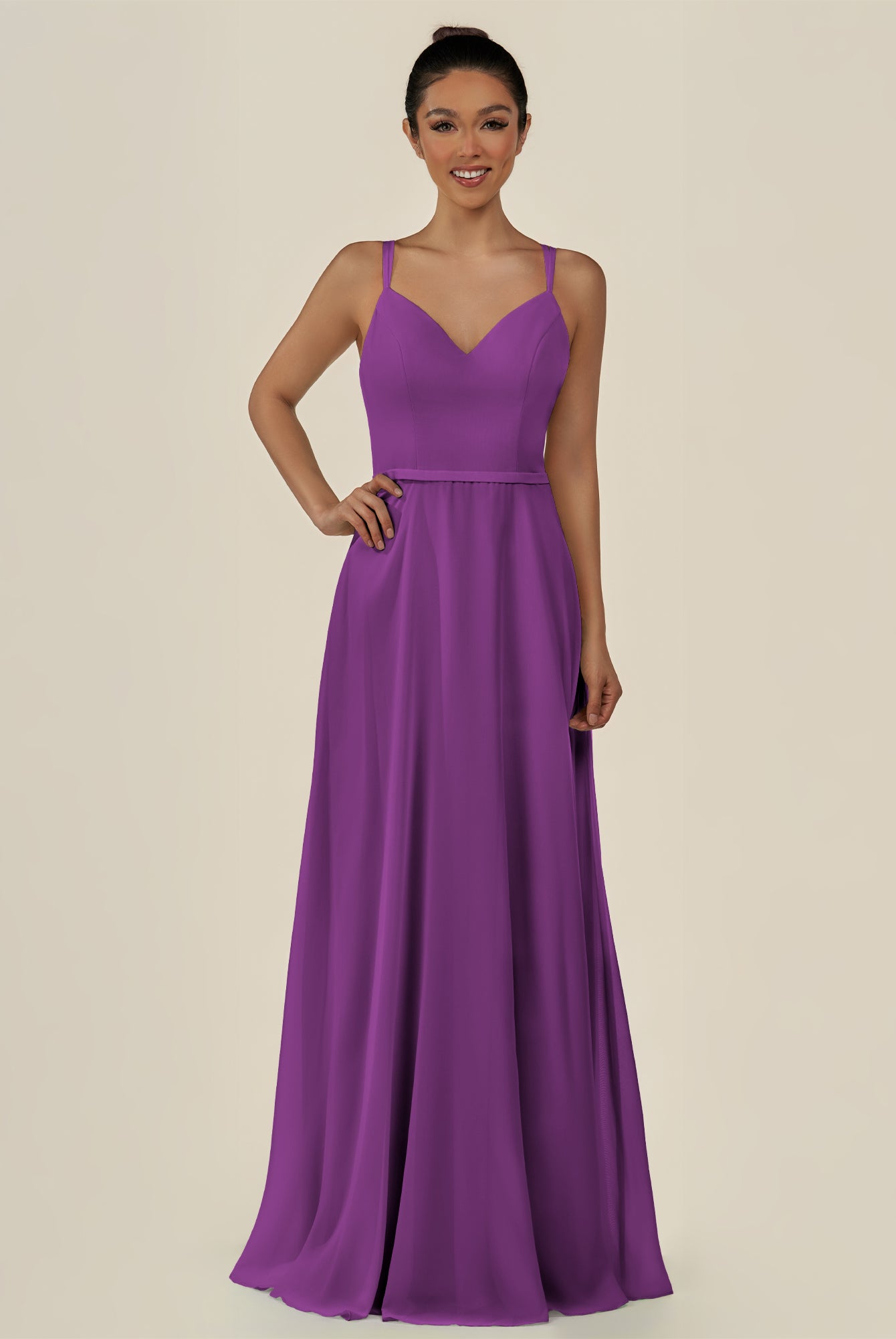 KissDress-Lurne Amethyst A Line Chiffon V Neck Long Bridesmaid Dress with Cinched Waistline