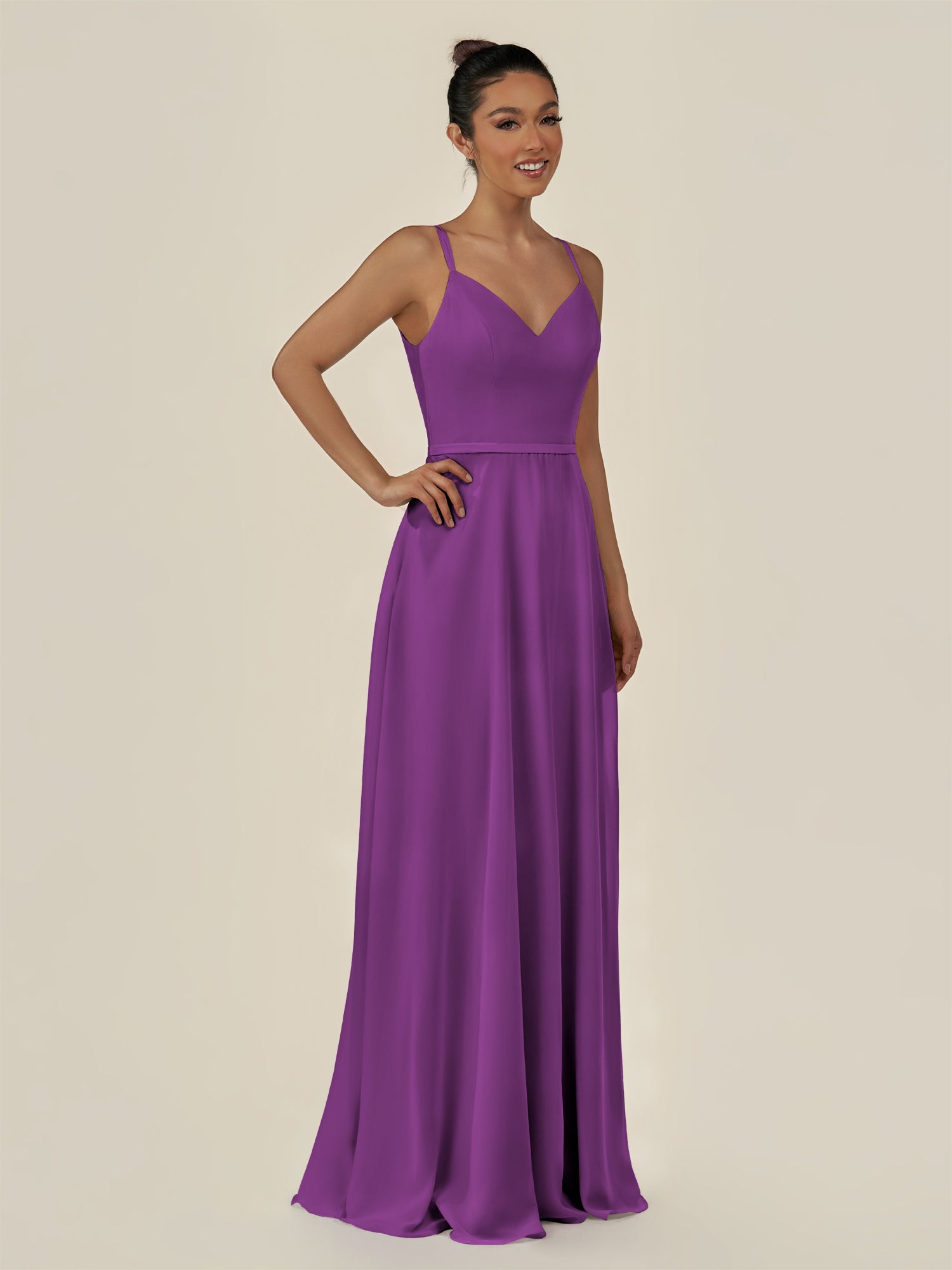 KissDress-Lurne Amethyst A Line Chiffon V Neck Long Bridesmaid Dress with Cinched Waistline