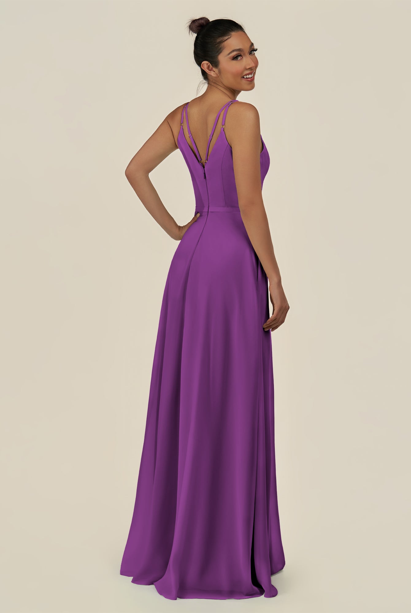 KissDress-Lurne Amethyst A Line Chiffon V Neck Long Bridesmaid Dress with Cinched Waistline