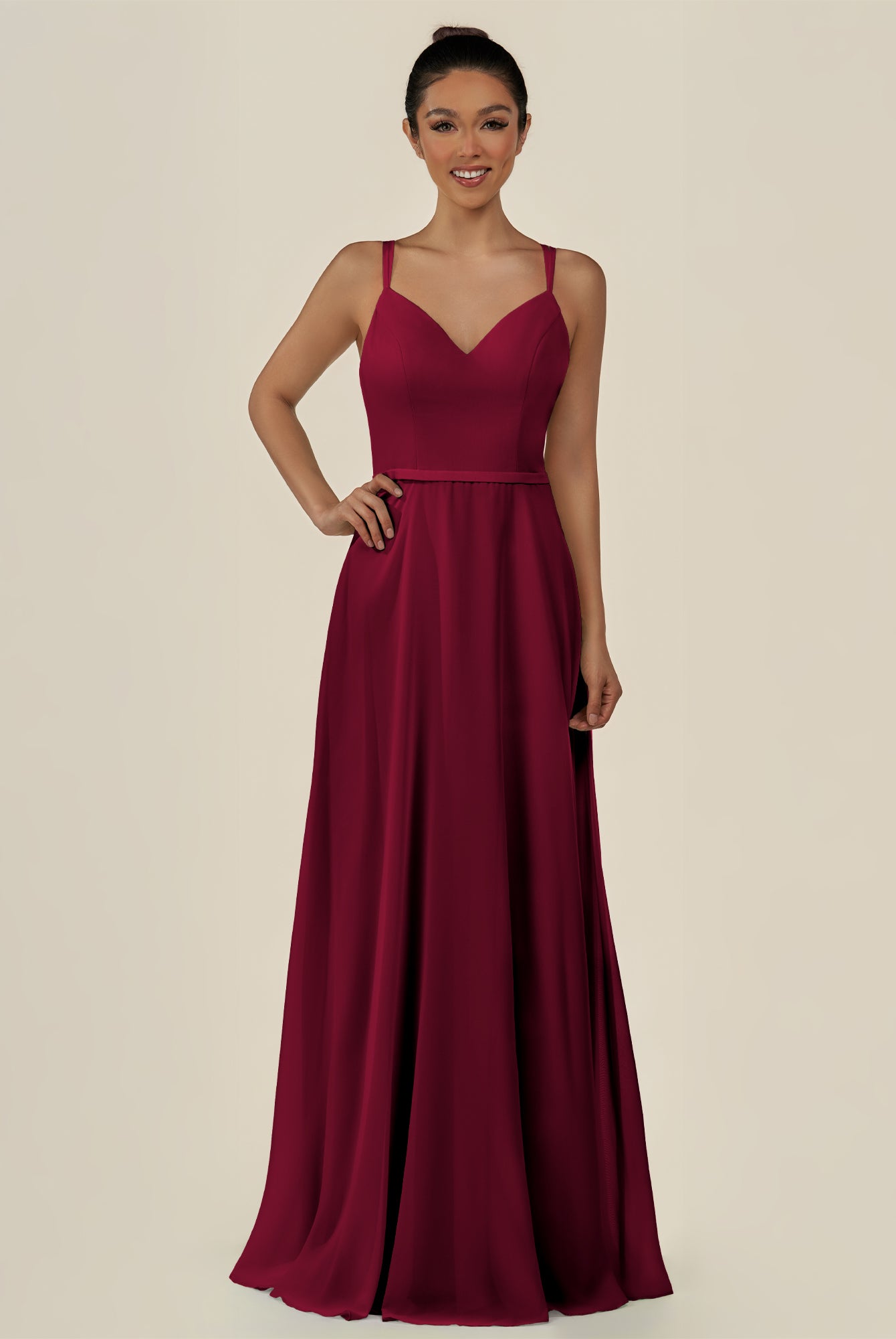 KissDress-Lurne Berry A Line Chiffon V Neck Long Bridesmaid Dress with Cinched Waistline