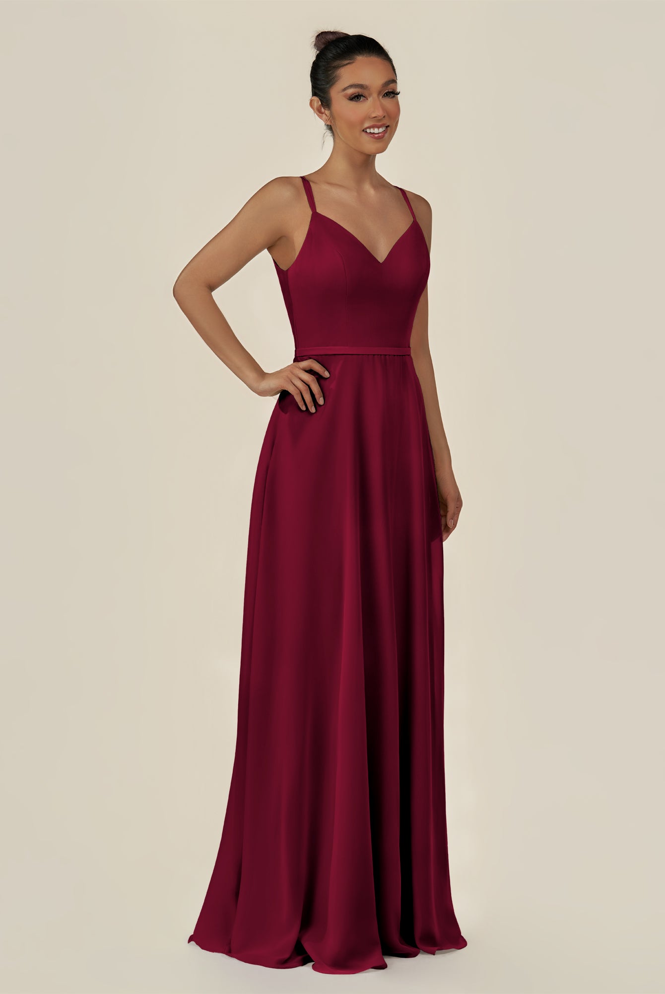 KissDress-Lurne Berry A Line Chiffon V Neck Long Bridesmaid Dress with Cinched Waistline