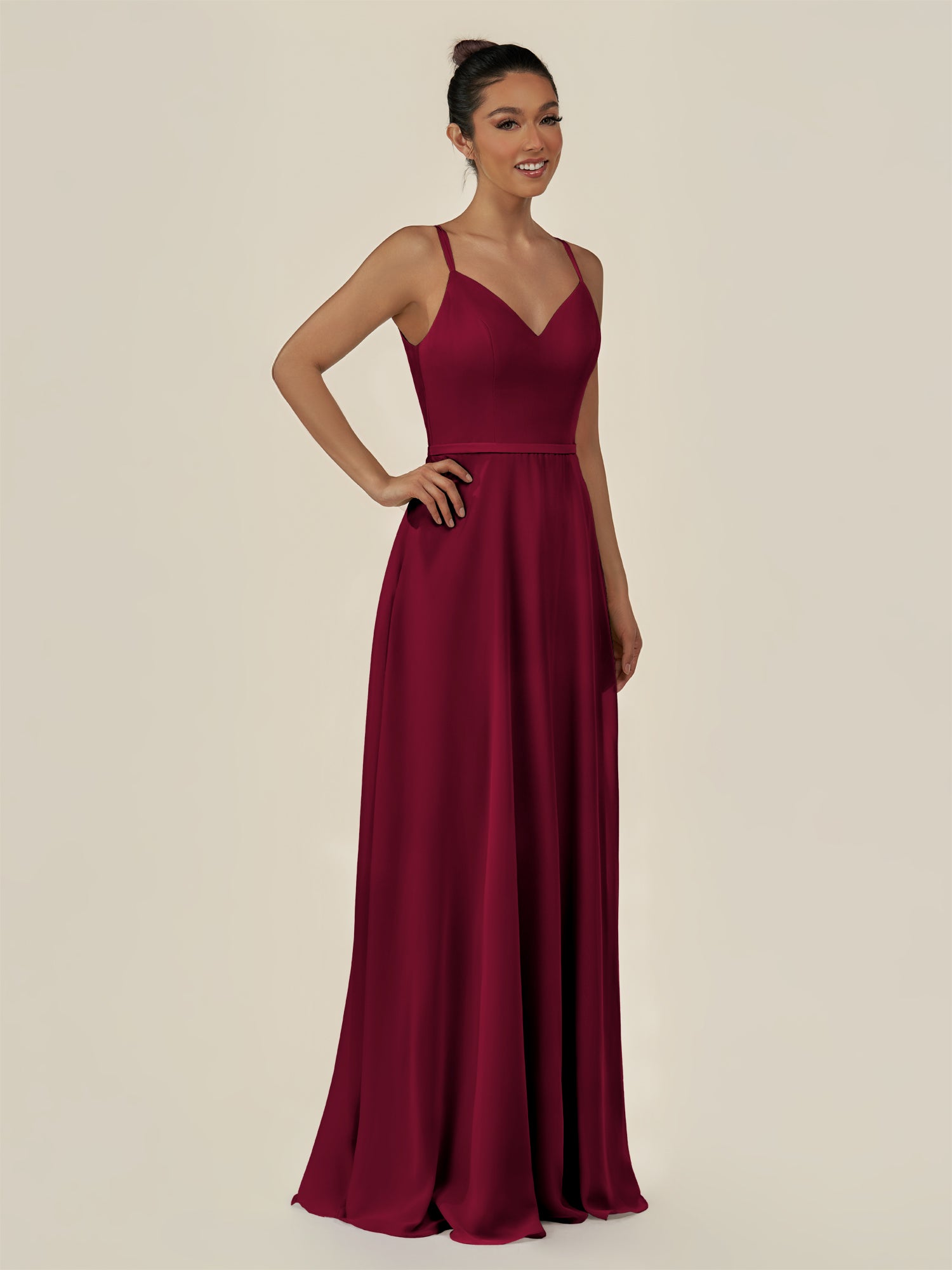 KissDress-Lurne Berry A Line Chiffon V Neck Long Bridesmaid Dress with Cinched Waistline