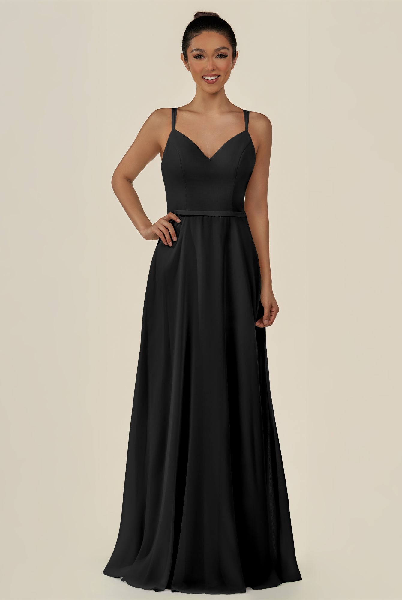 KissDress-Lurne Black A Line Chiffon V Neck Long Bridesmaid Dress with Cinched Waistline