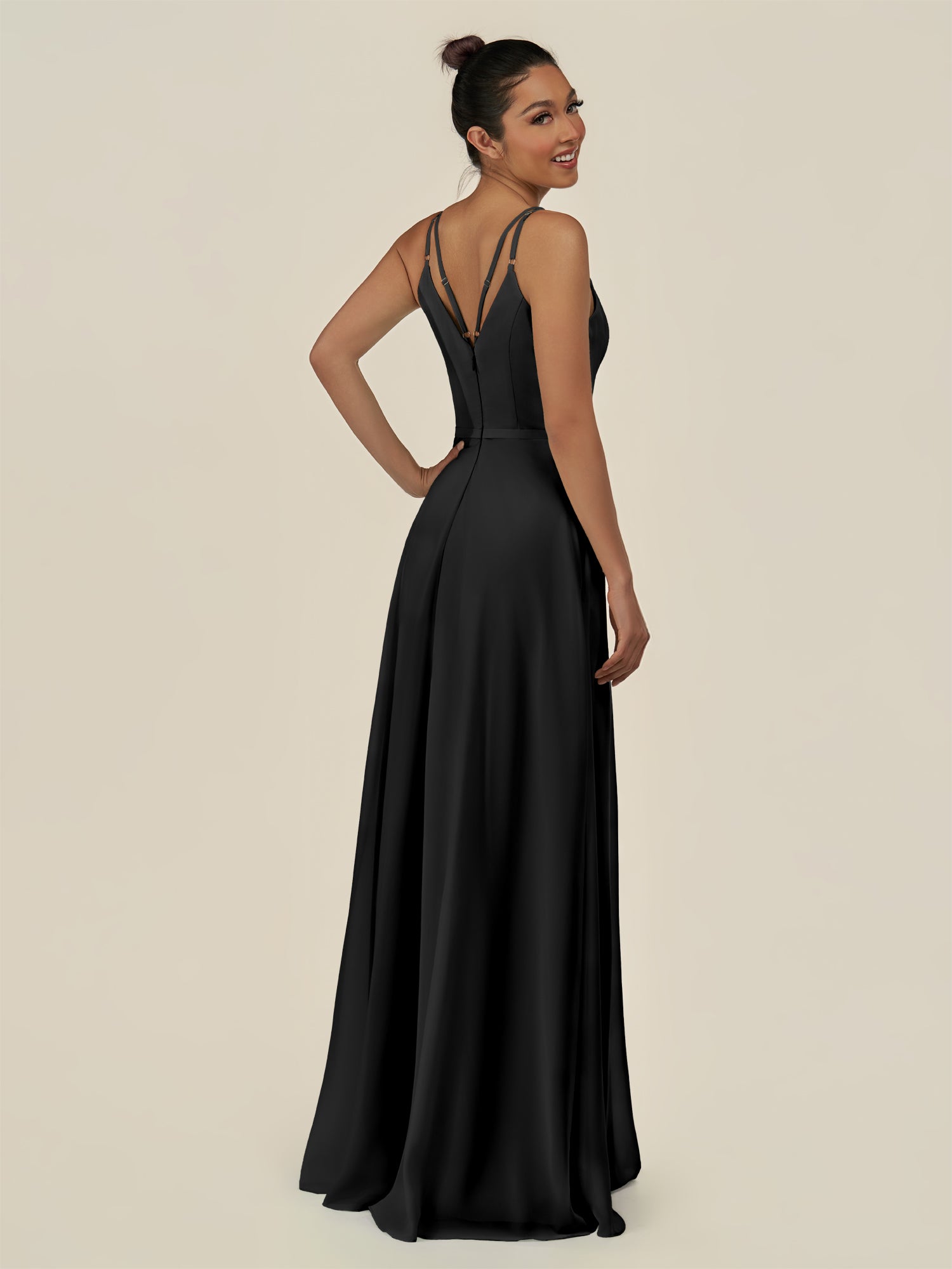 KissDress-Lurne Black A Line Chiffon V Neck Long Bridesmaid Dress with Cinched Waistline