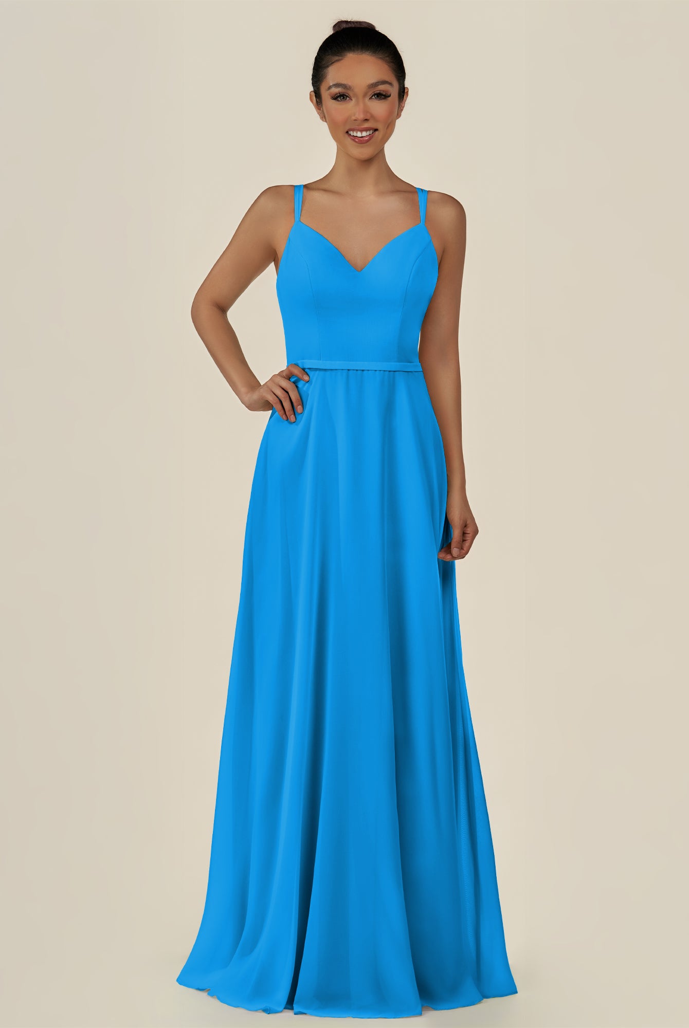 KissDress-Lurne Blue Jay A Line Chiffon V Neck Long Bridesmaid Dress with Cinched Waistline