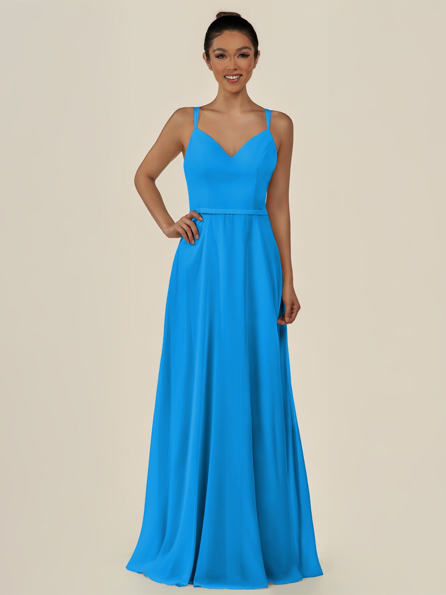 KissDress-Lurne Blue Jay A Line Chiffon V Neck Long Bridesmaid Dress with Cinched Waistline