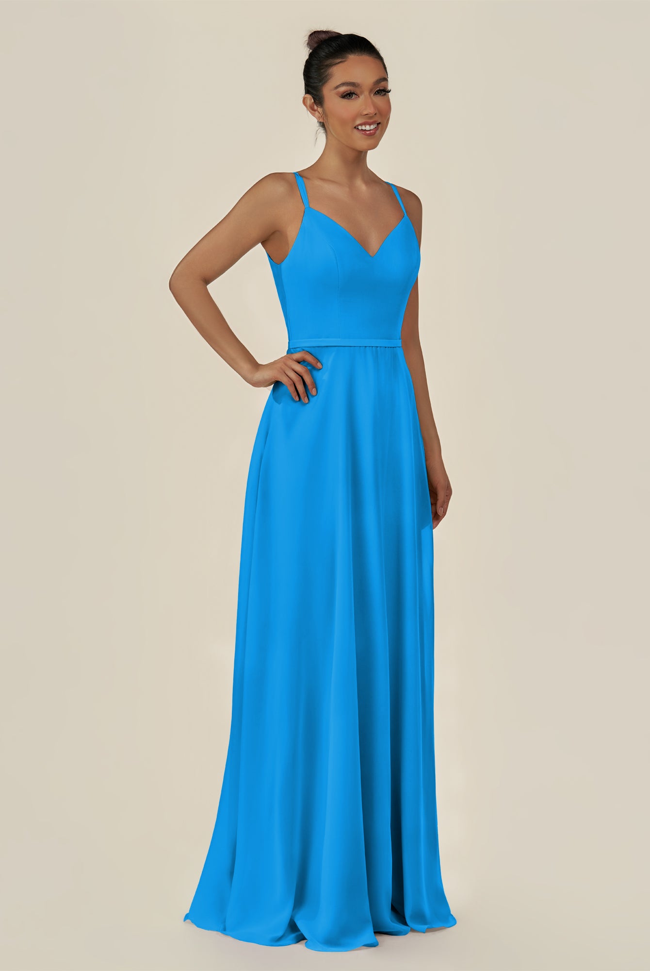 KissDress-Lurne Blue Jay A Line Chiffon V Neck Long Bridesmaid Dress with Cinched Waistline