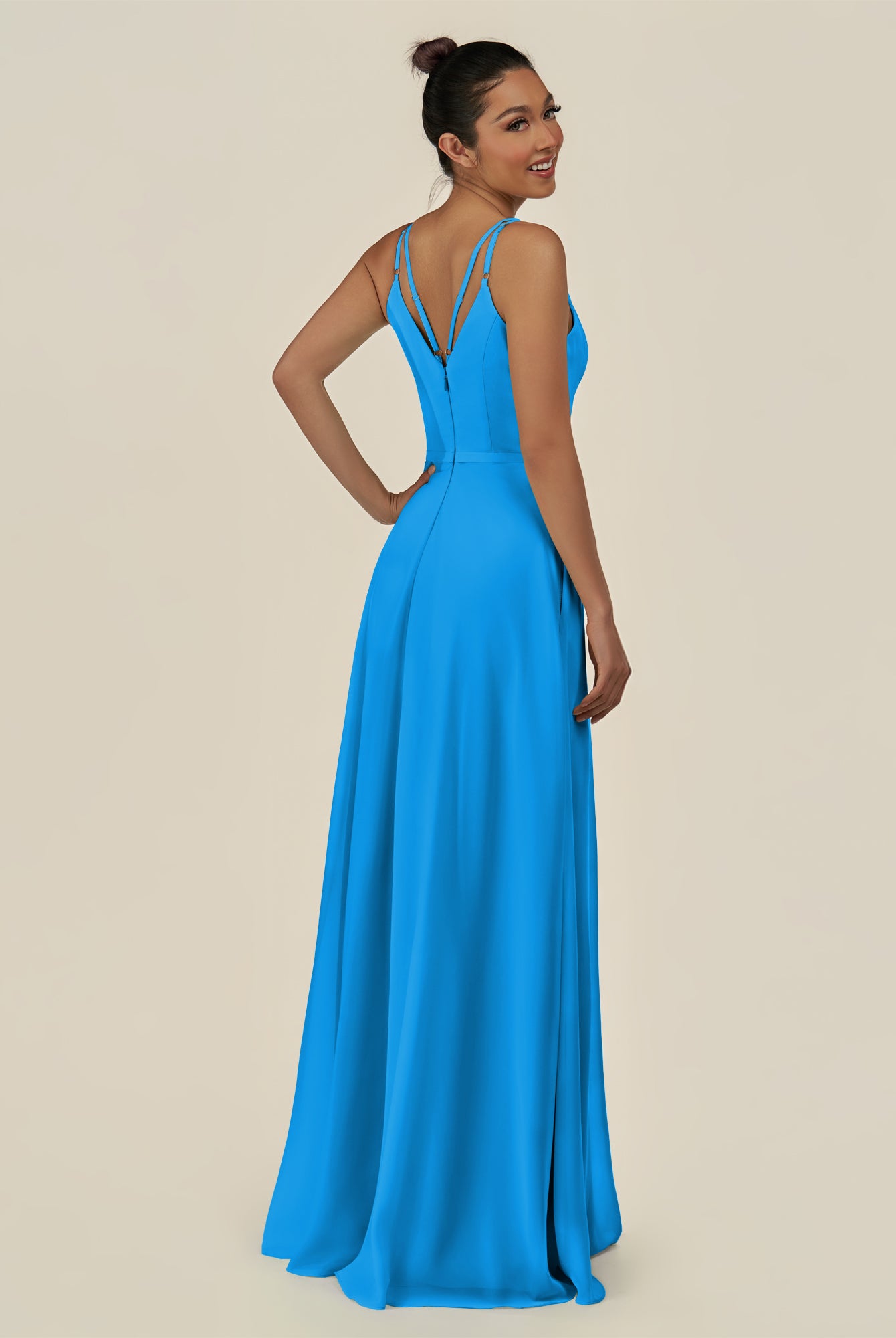 KissDress-Lurne Blue Jay A Line Chiffon V Neck Long Bridesmaid Dress with Cinched Waistline