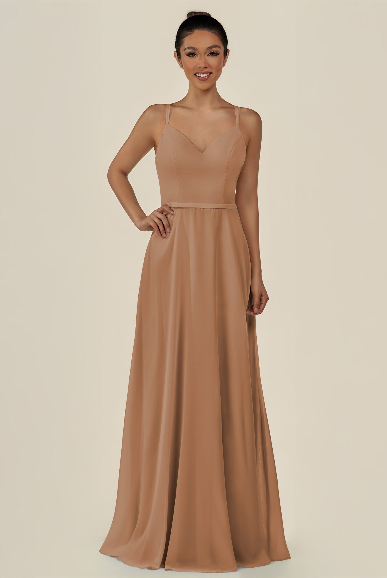 KissDress-Lurne Bronzer A Line Chiffon V Neck Long Bridesmaid Dress with Cinched Waistline