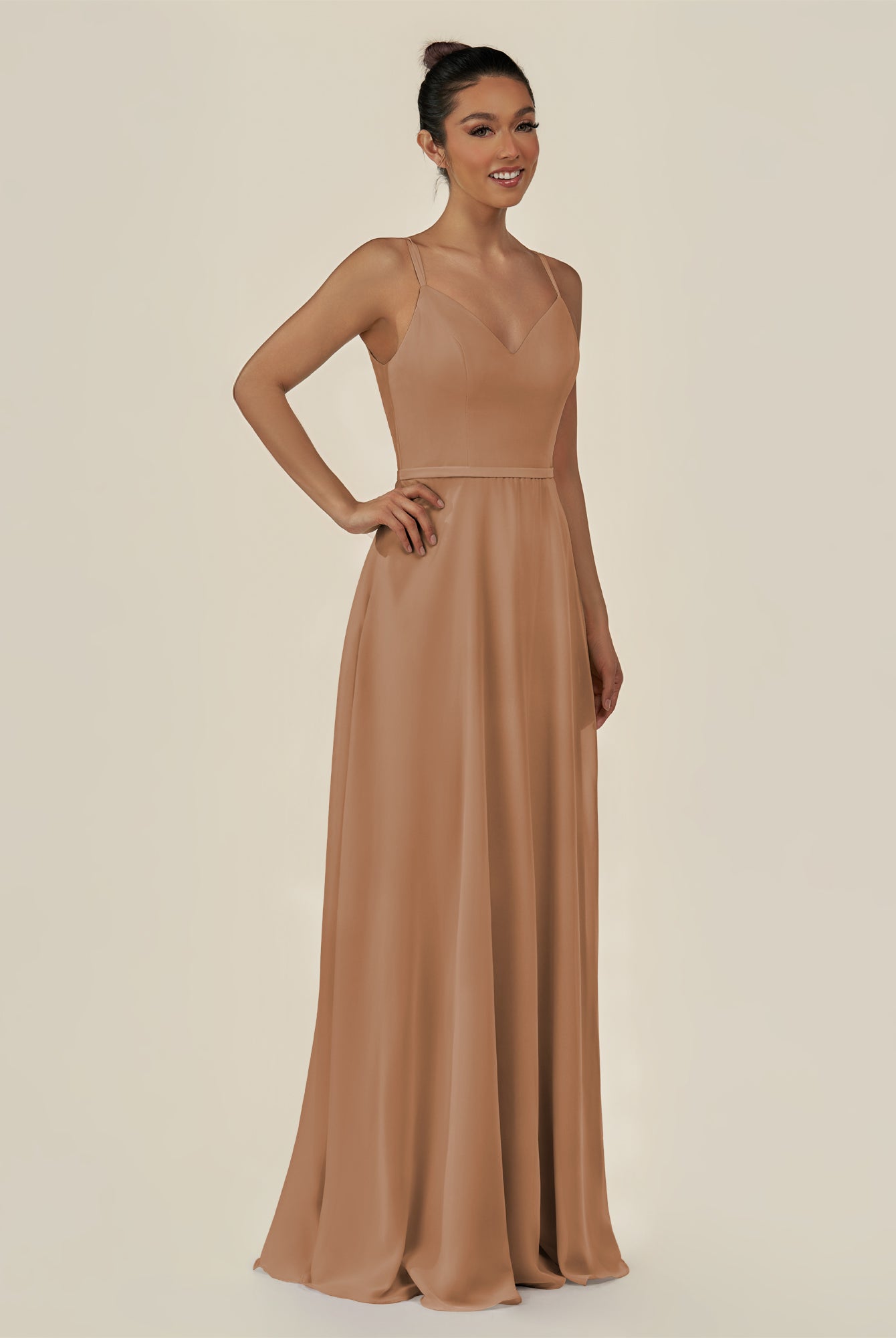 KissDress-Lurne Bronzer A Line Chiffon V Neck Long Bridesmaid Dress with Cinched Waistline