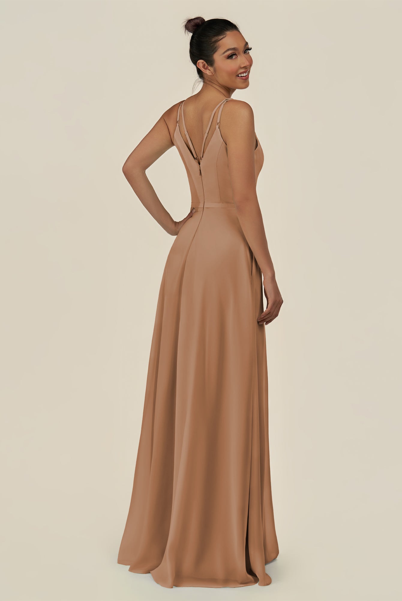 KissDress-Lurne Bronzer A Line Chiffon V Neck Long Bridesmaid Dress with Cinched Waistline