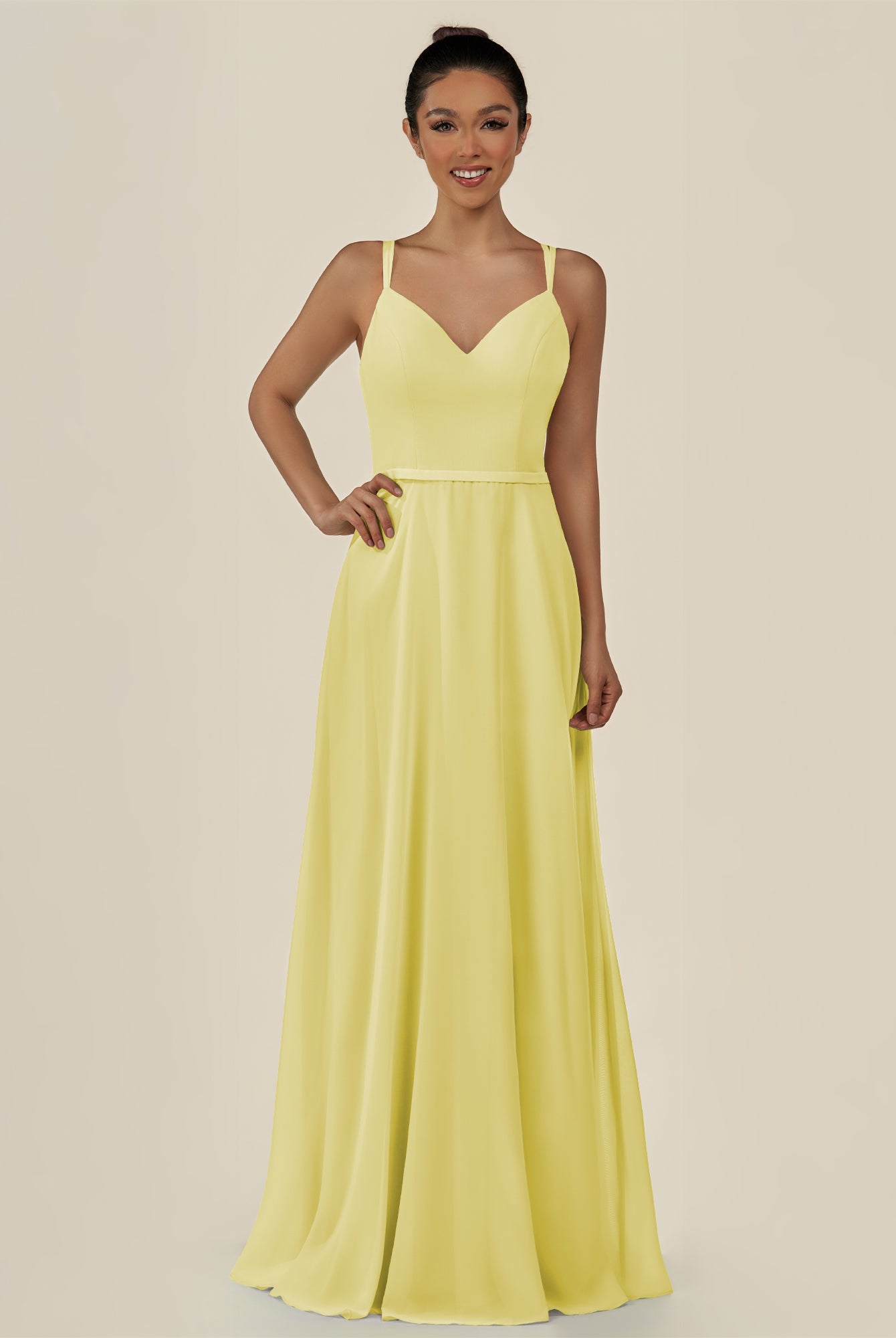 KissDress-Lurne Buttercup A Line Chiffon V Neck Long Bridesmaid Dress with Cinched Waistline