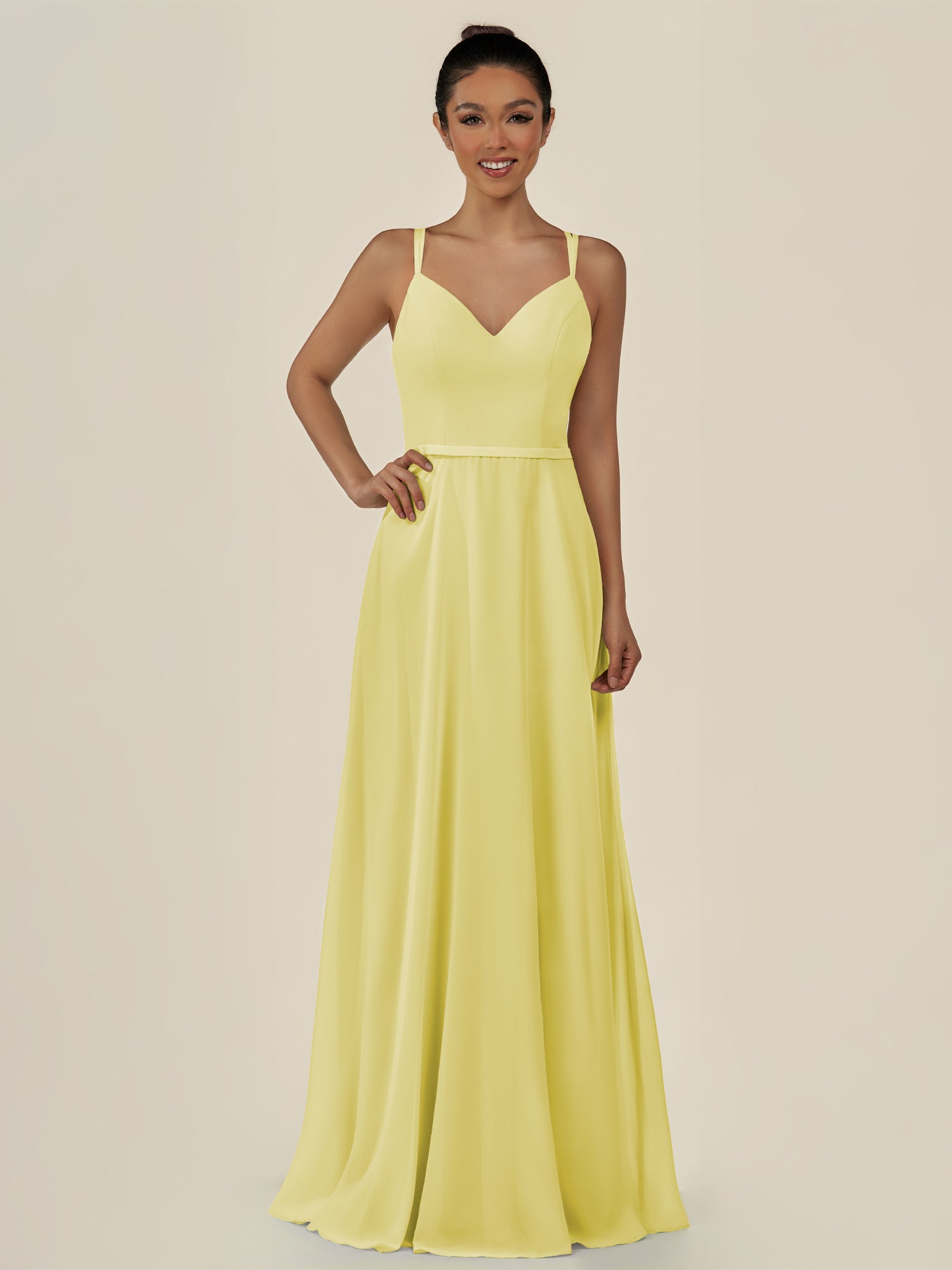 KissDress-Lurne Buttercup A Line Chiffon V Neck Long Bridesmaid Dress with Cinched Waistline