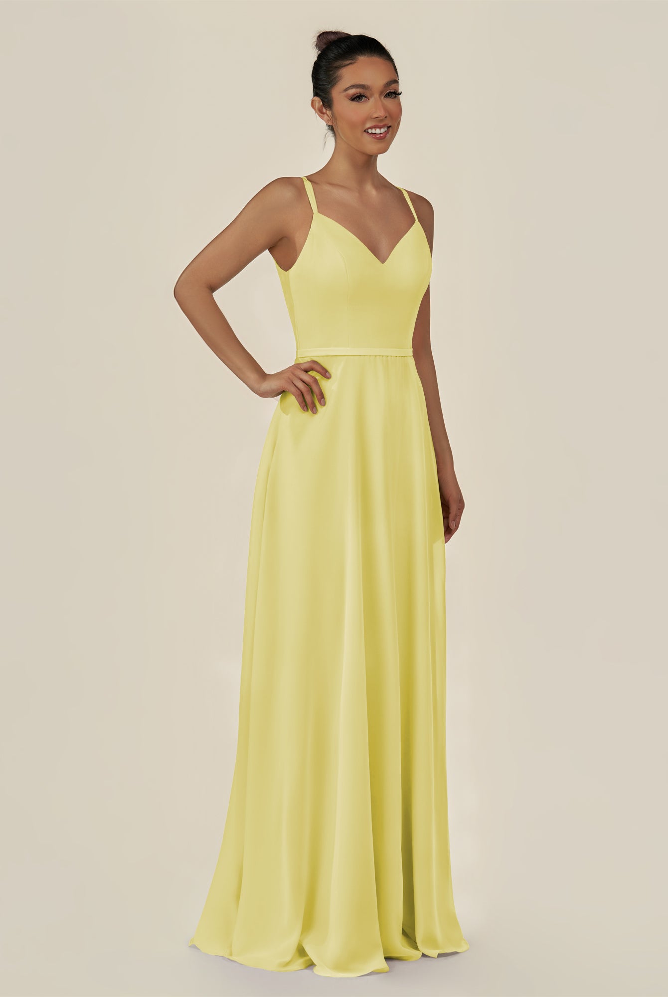 KissDress-Lurne Buttercup A Line Chiffon V Neck Long Bridesmaid Dress with Cinched Waistline