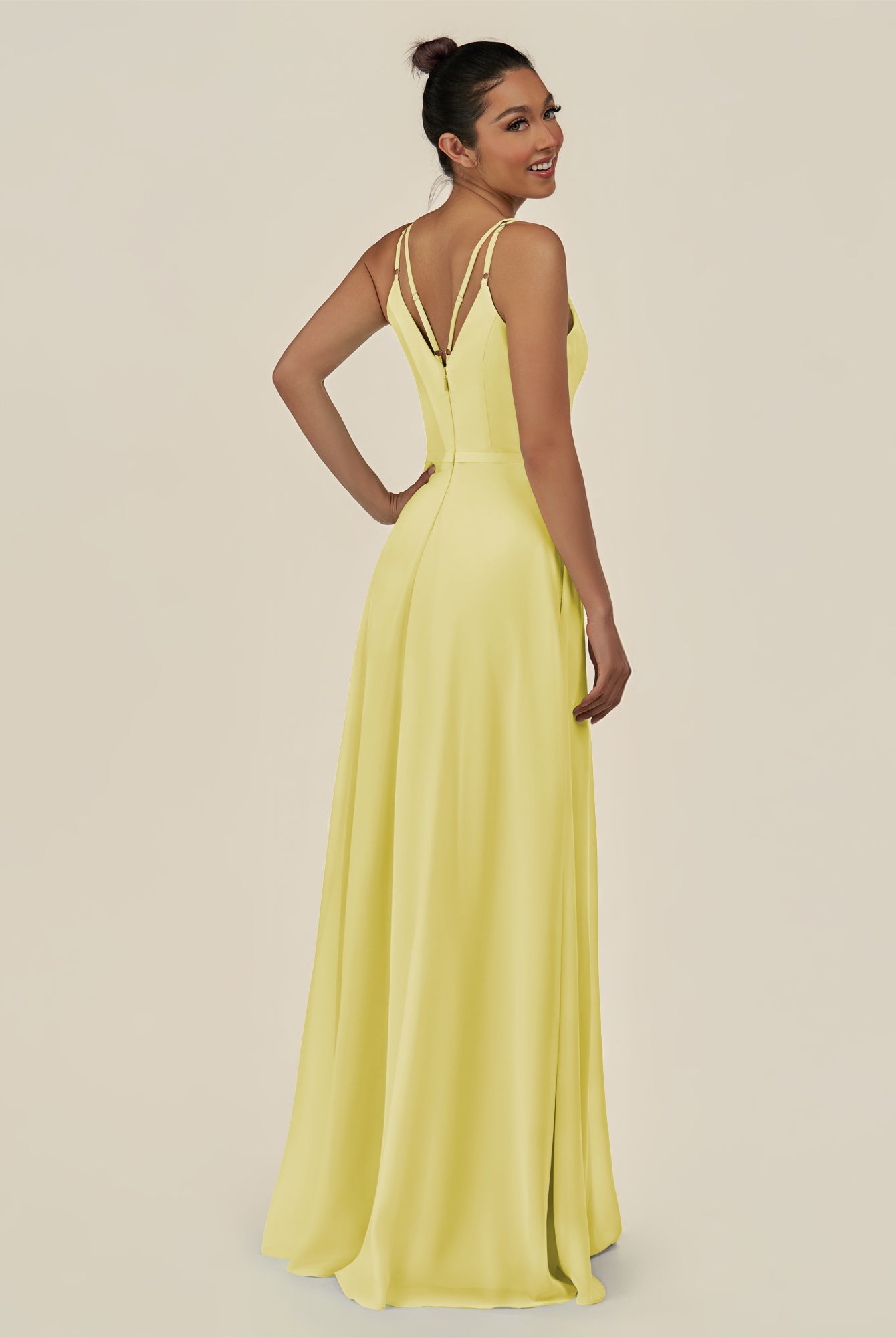 KissDress-Lurne Buttercup A Line Chiffon V Neck Long Bridesmaid Dress with Cinched Waistline