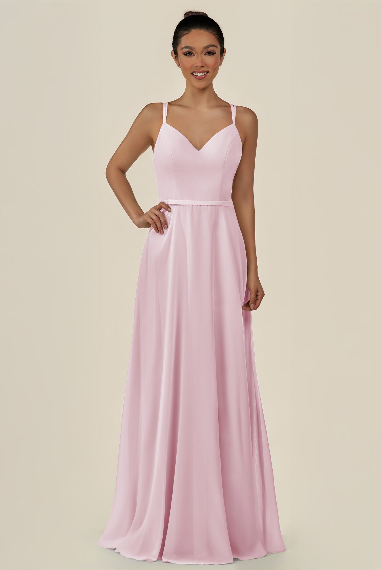 KissDress-Lurne Candy Pink A Line Chiffon V Neck Long Bridesmaid Dress with Cinched Waistline
