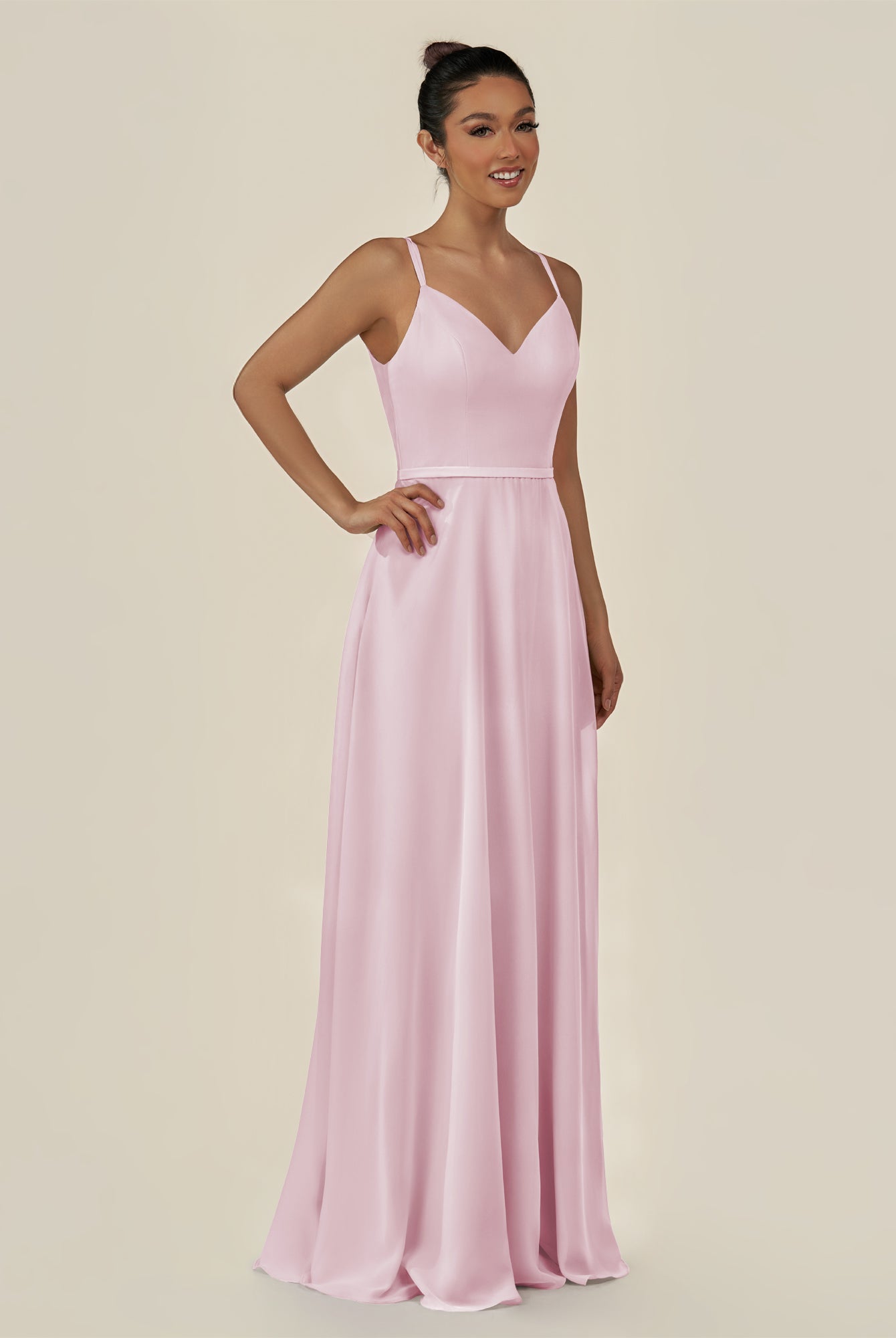 KissDress-Lurne Candy Pink A Line Chiffon V Neck Long Bridesmaid Dress with Cinched Waistline