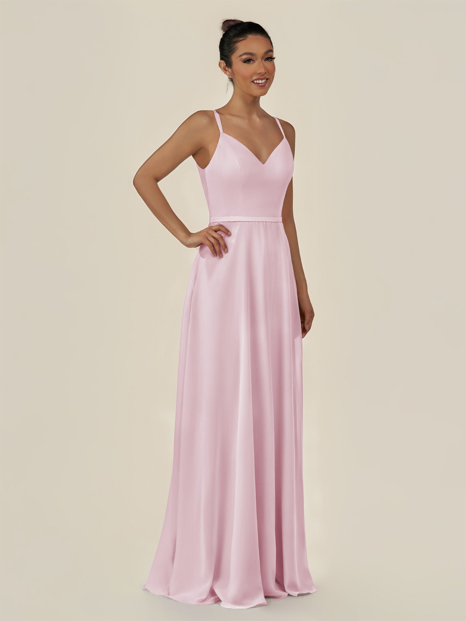 KissDress-Lurne Candy Pink A Line Chiffon V Neck Long Bridesmaid Dress with Cinched Waistline