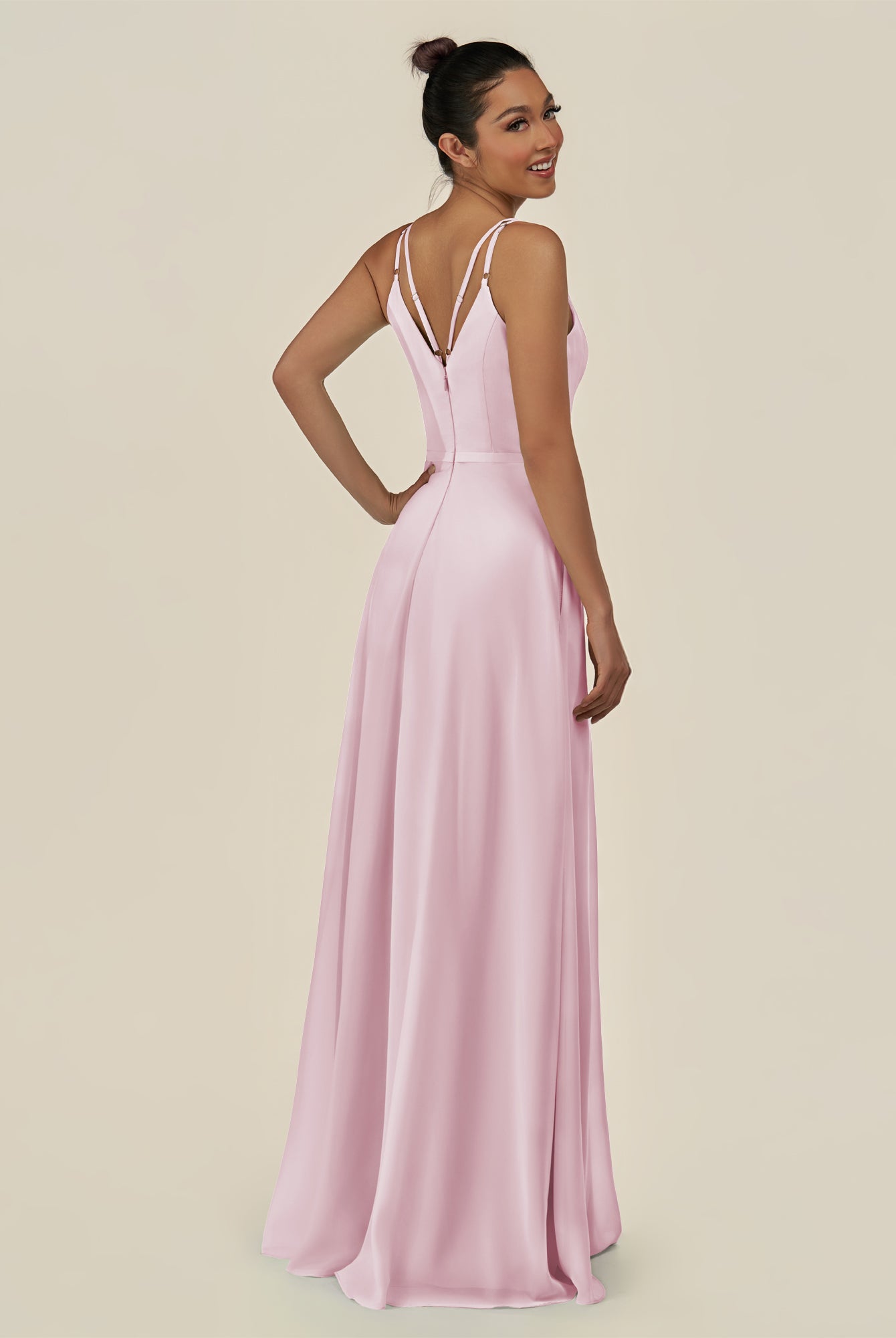 KissDress-Lurne Candy Pink A Line Chiffon V Neck Long Bridesmaid Dress with Cinched Waistline