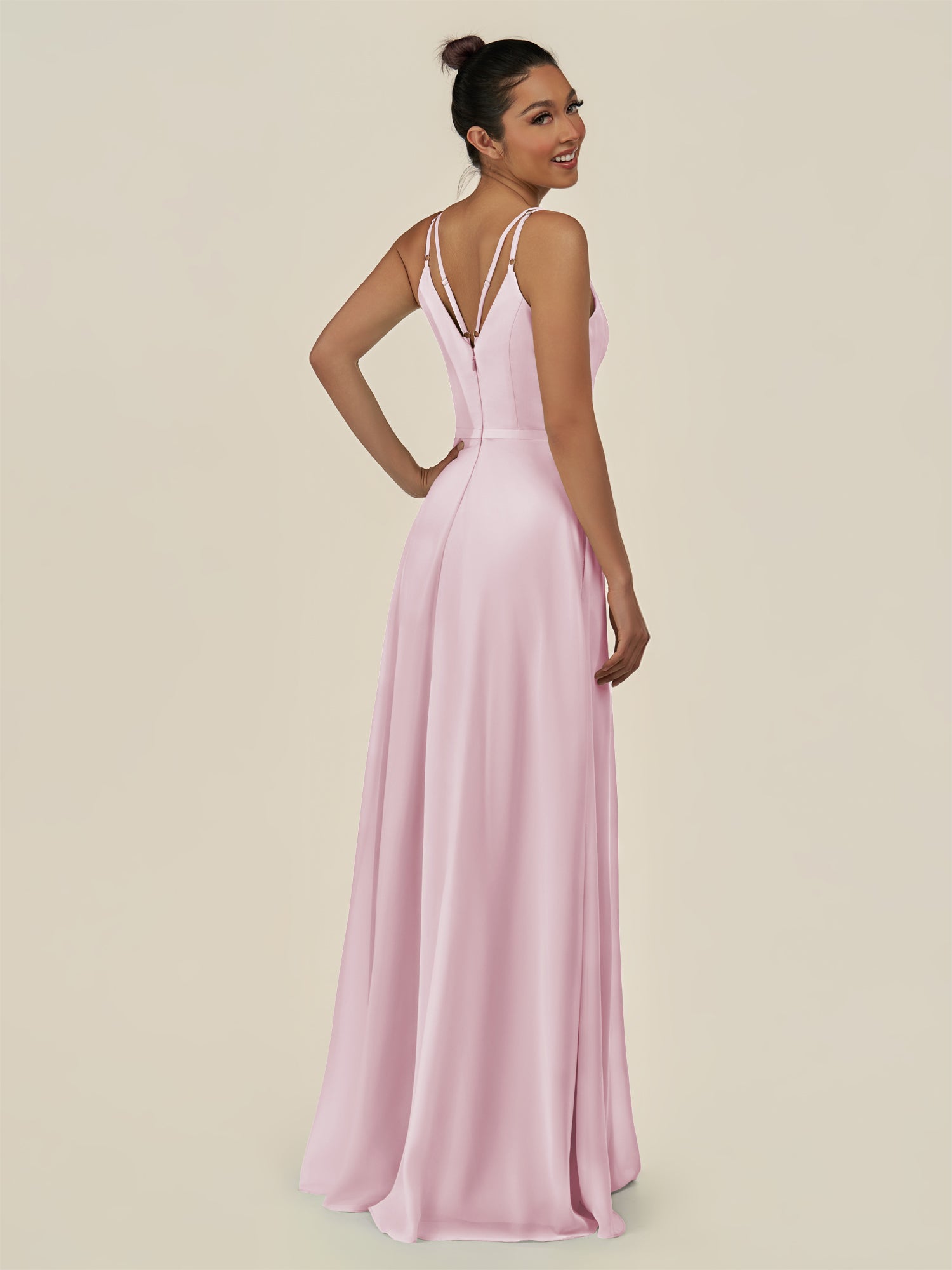 KissDress-Lurne Candy Pink A Line Chiffon V Neck Long Bridesmaid Dress with Cinched Waistline
